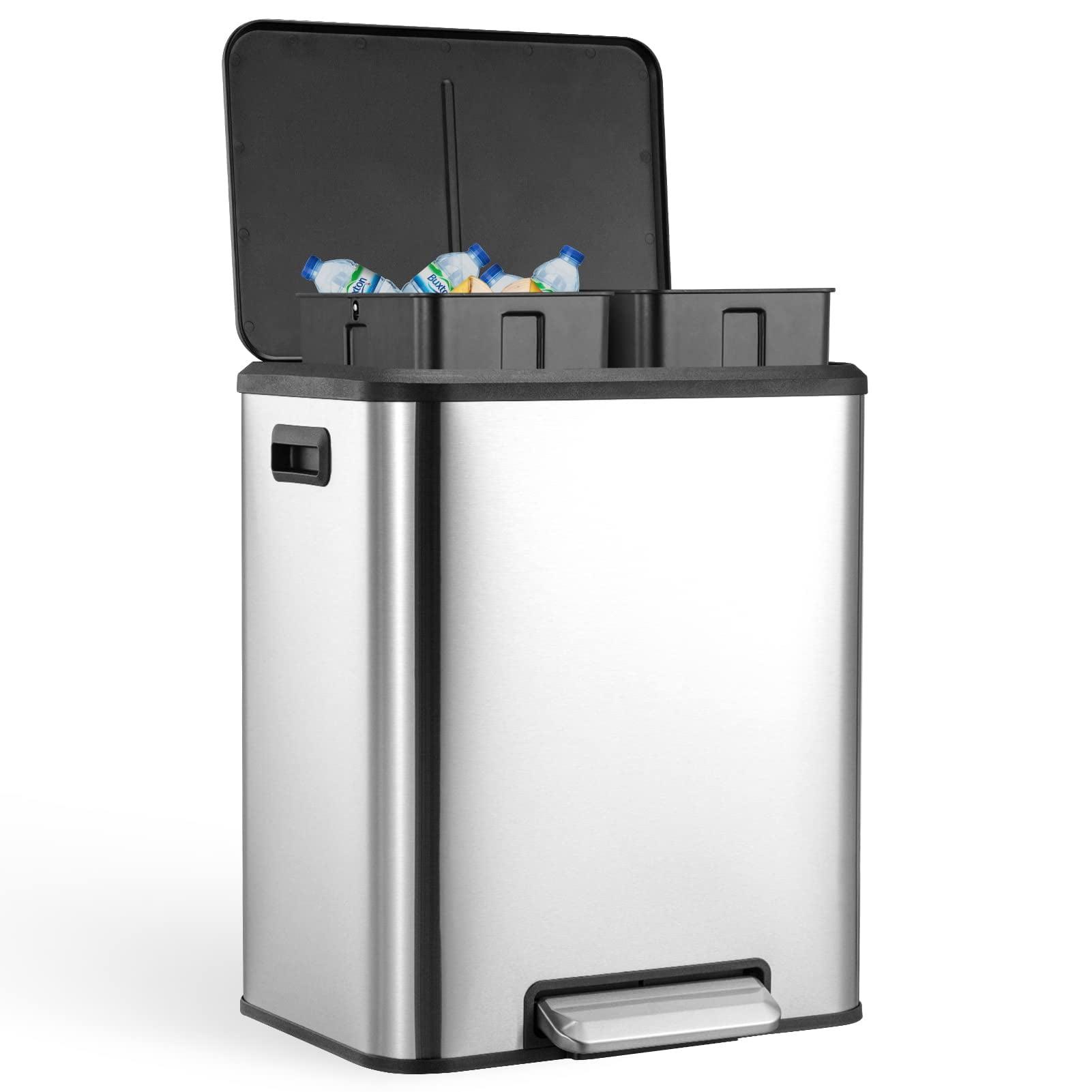 GlowSol Dual Trash Can for Recycling and Trash, Stainless Steel Kitchen Trash Can with Lid and Foot Pedal, Double Compartment Garbage Can, Trash Can with Recycling Bin (2 x 15 L)