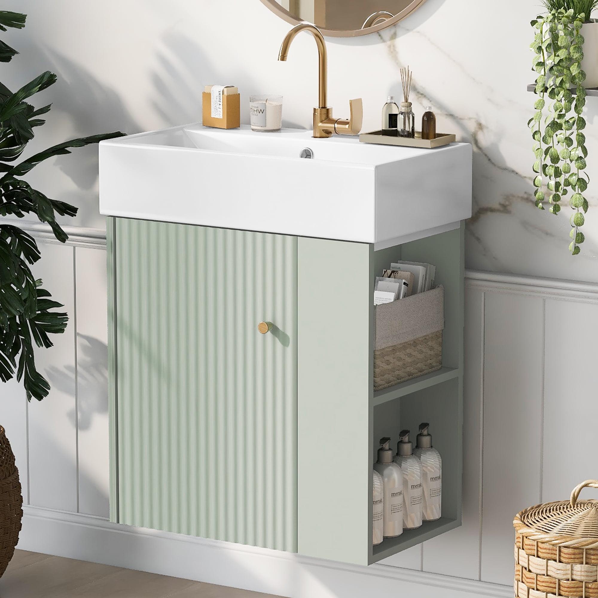 21.6" Green Floating Bathroom Vanity with Ceramic Sink and Rose Gold Handle