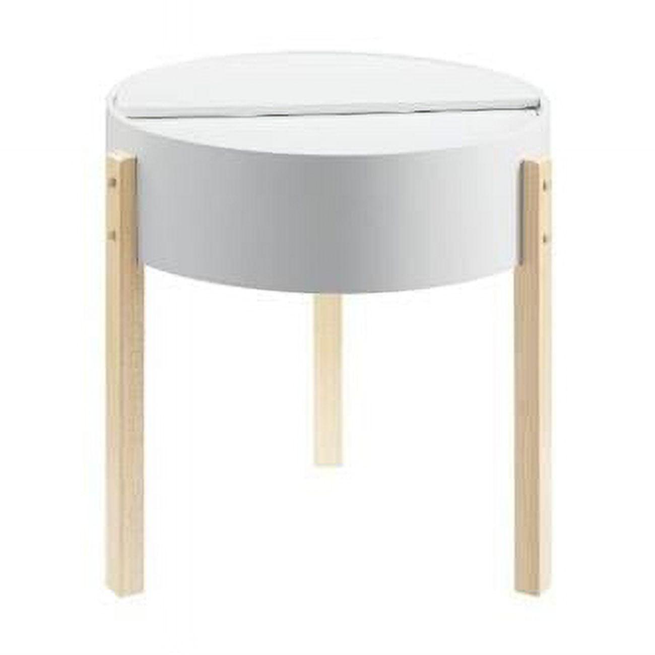 White and Brown Round Wood End Table with Hidden Storage