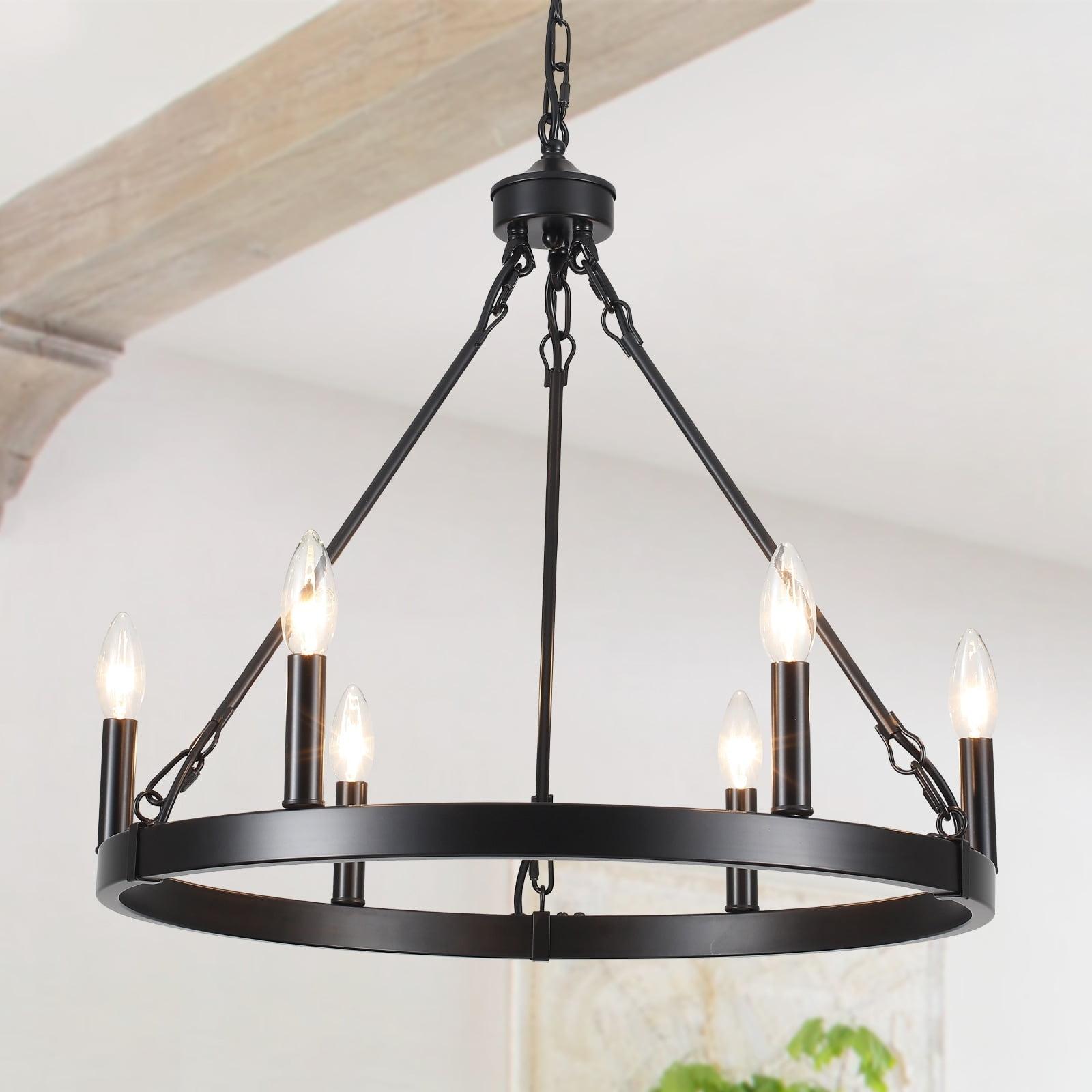 22.04 in. 6-Light Black Rustic Farmhouse Chandelier, Wagon Wheel Chandelier for Dining Room Living Room Bedroom Kitchen Black