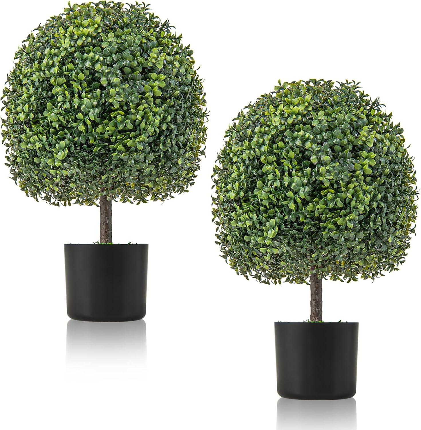 22’’ Faux Boxwood Topiary Ball Tree Set of 2, Artificial Plants Outdoor Weather Resistant, Cement-Filled Potted Bushes, Evergreen Topiary Trees Artificial for Porch Decoration Indoor Outdoor