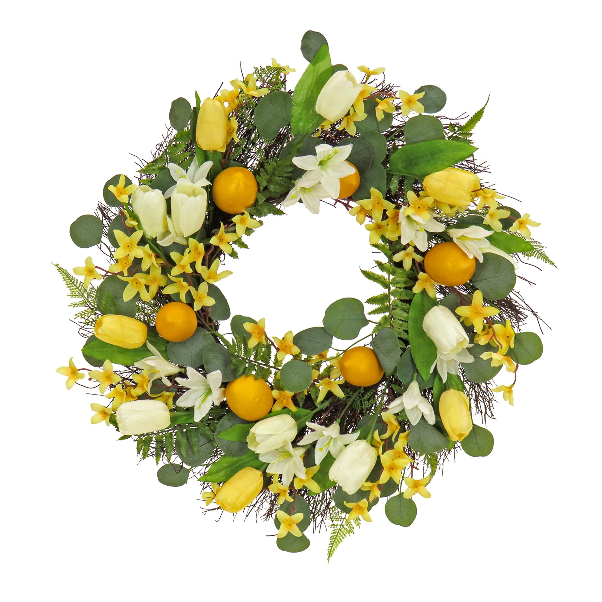 22" Artificial Lemons and Tulips Woven Branch Base Wreath - National Tree Company