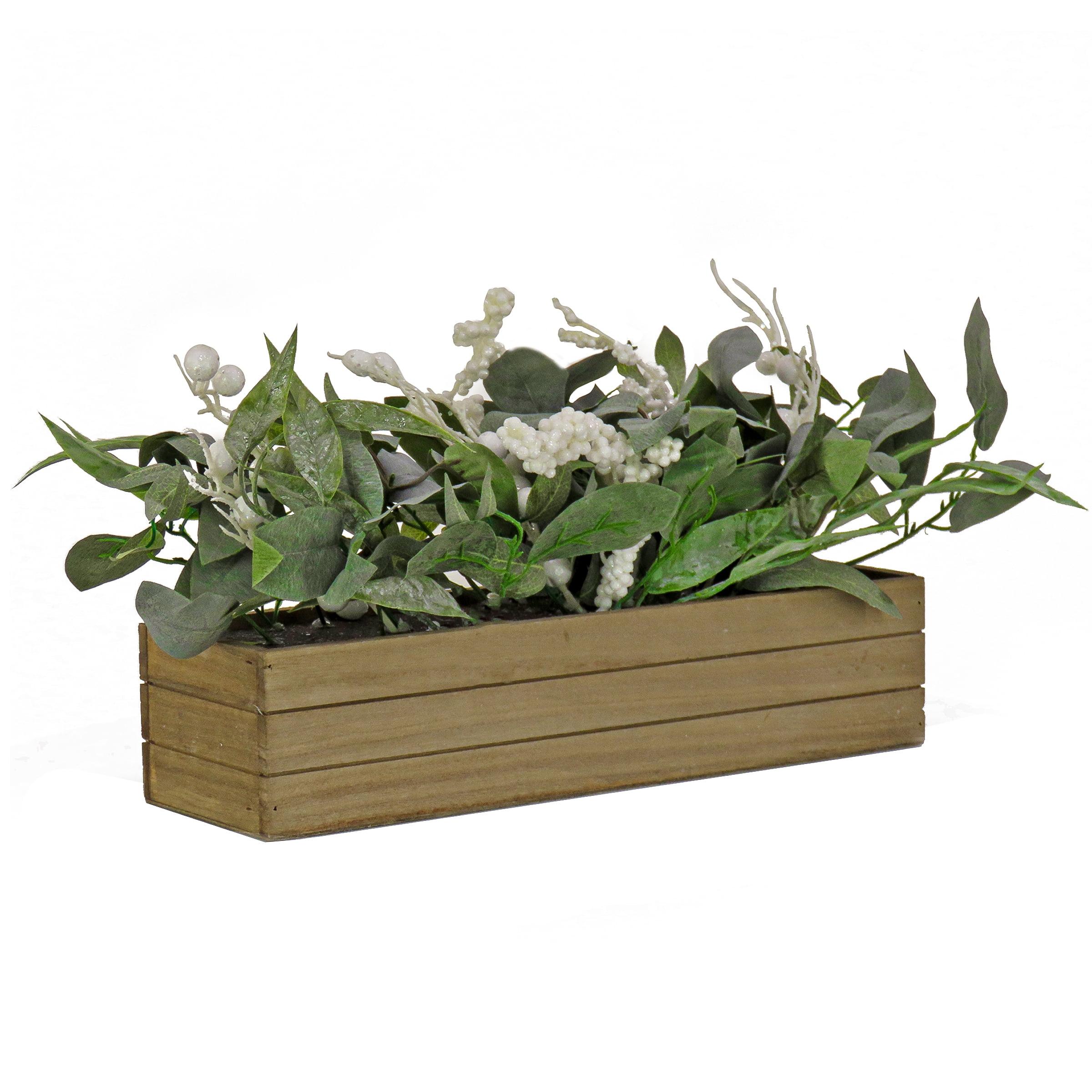 Rustic Holiday Planter Box with White Berry Greenery, 22"