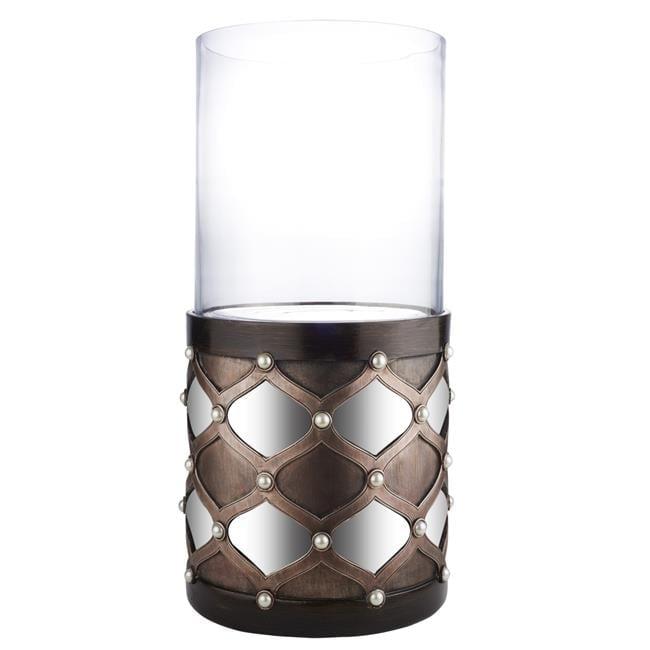 22 x 11.5 x 11.5 in. Bronze & Silver with Pearls Tabletop Hurricane Candle Holder