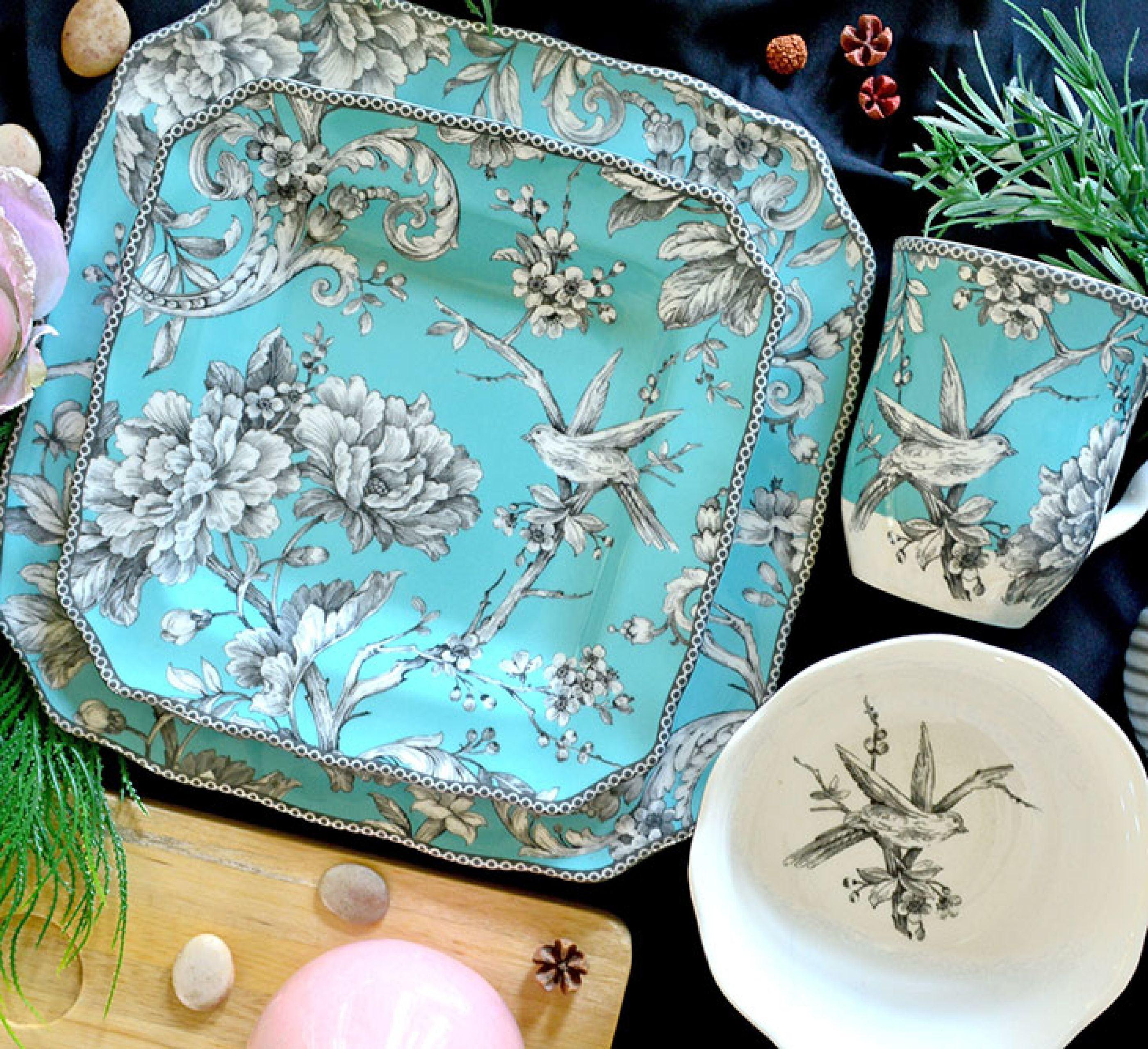 Adelaide Turquoise Toile Porcelain 16-Piece Square Dinnerware Set