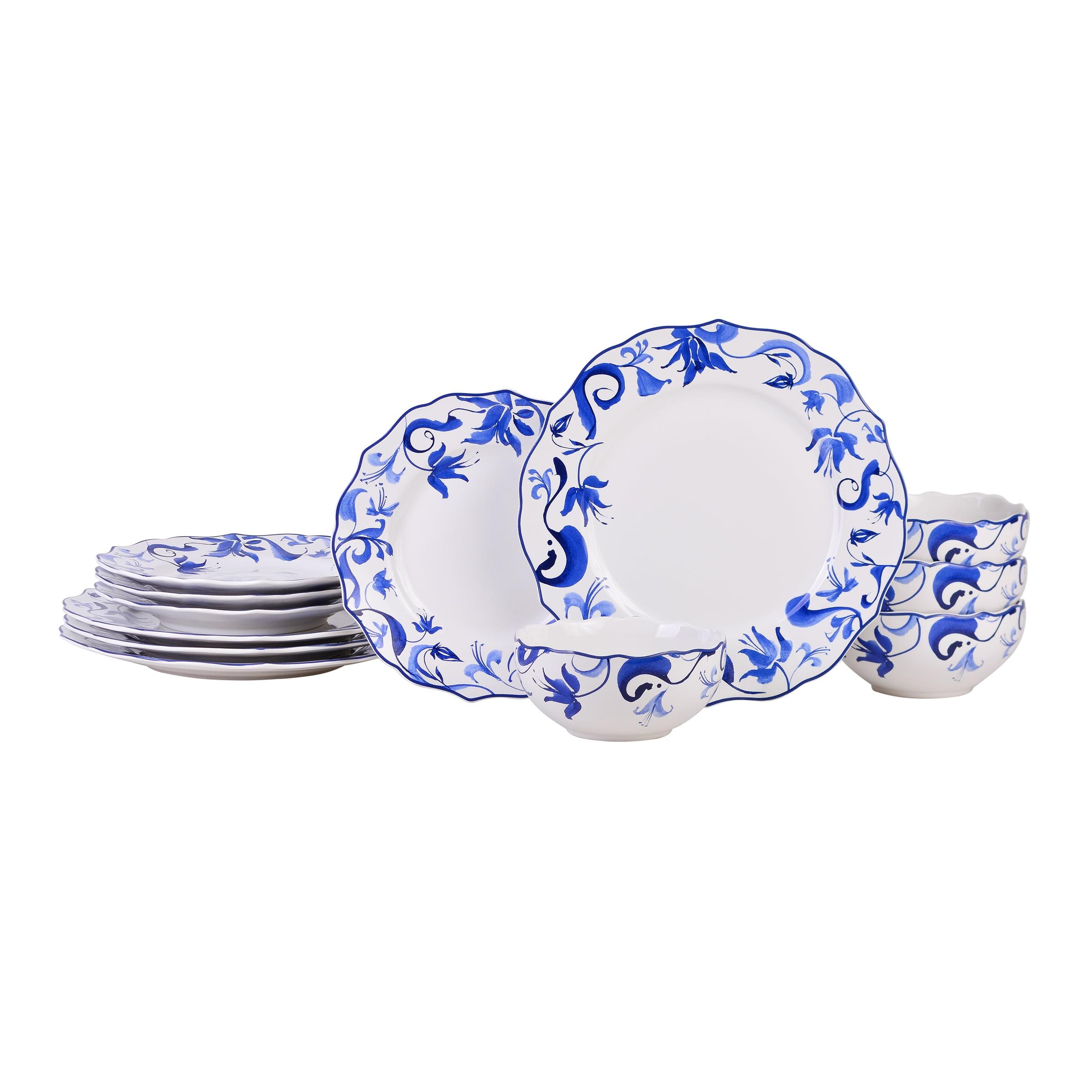 222 Fifth 12pc Ayla Dinnerware Set Reactive Blue: Porcelain, Floral Pattern, Vintage Style, Dishwasher & Microwave Safe