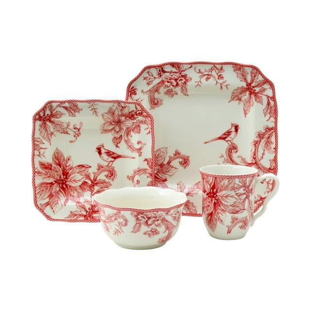 222 Fifth 222 Fifth Christmas Lane Red 16-Piece Porcelain Dinnerware Set - Service For 4, Plates, Bowls & Mugs