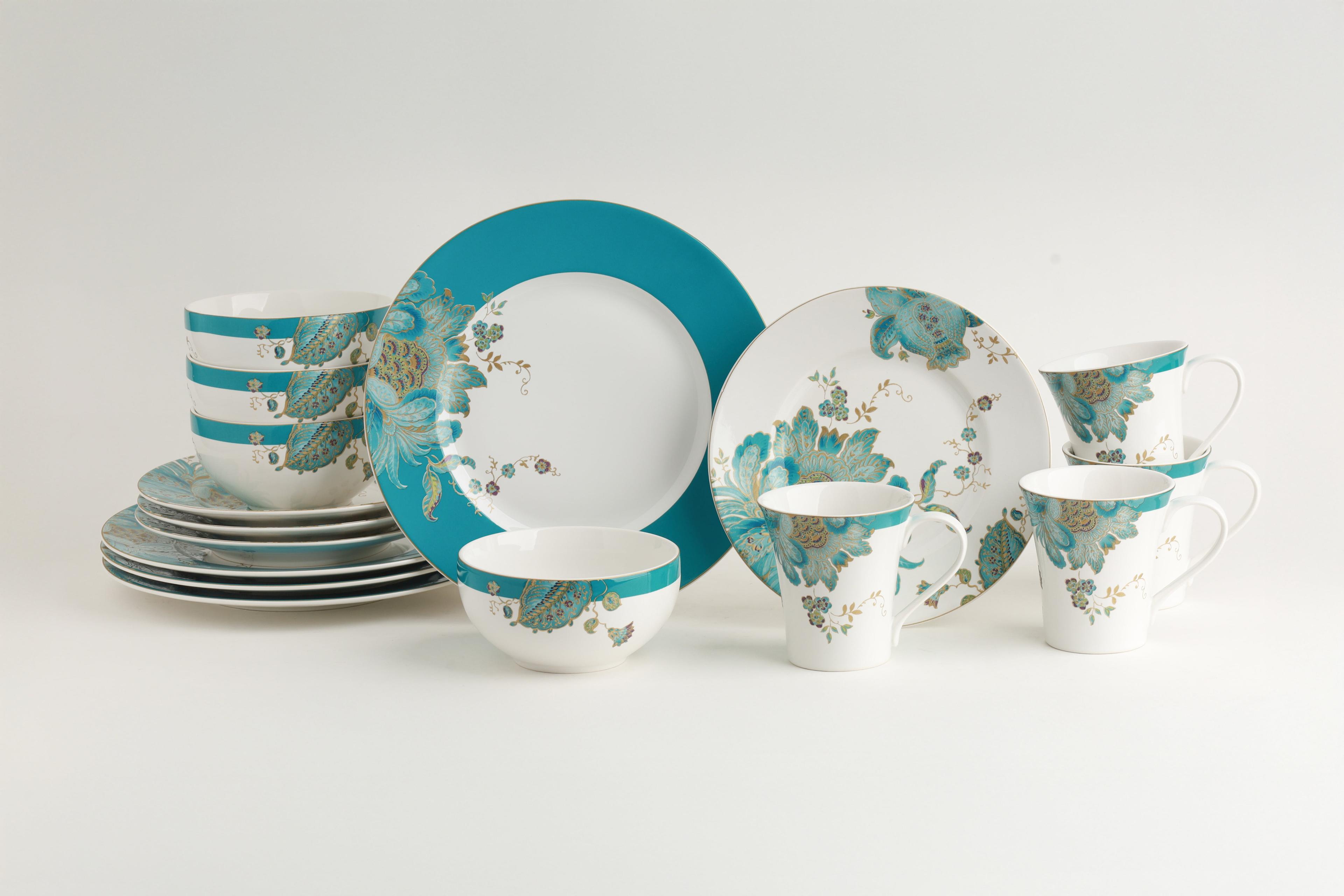 16pc Porcelain Eliza Dinnerware Set Blue/White - 222 Fifth: Floral Botanical Dish Set, Microwave & Dishwasher Safe