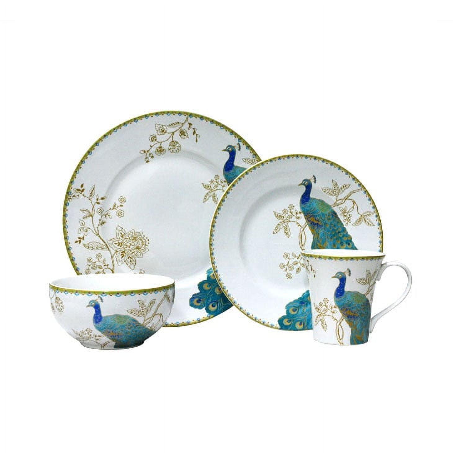 222 Fifth Peacock Garden Porcelain 16pc Dinnerware Set White: Round Dish Set, Service for 4, Bird Pattern, Dishwasher-Safe