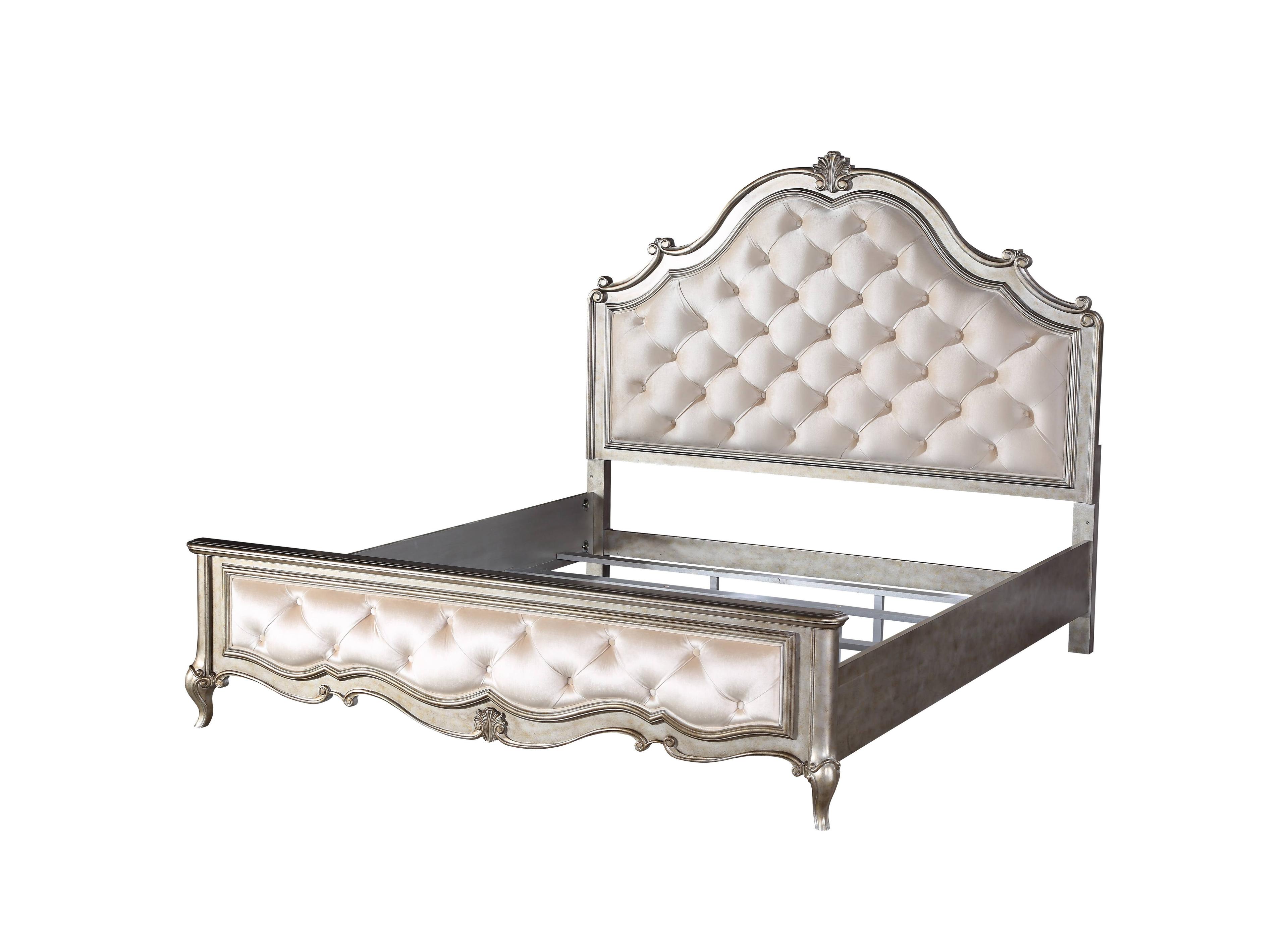 Ivory Velvet Queen Bed with Tufted Upholstered Headboard