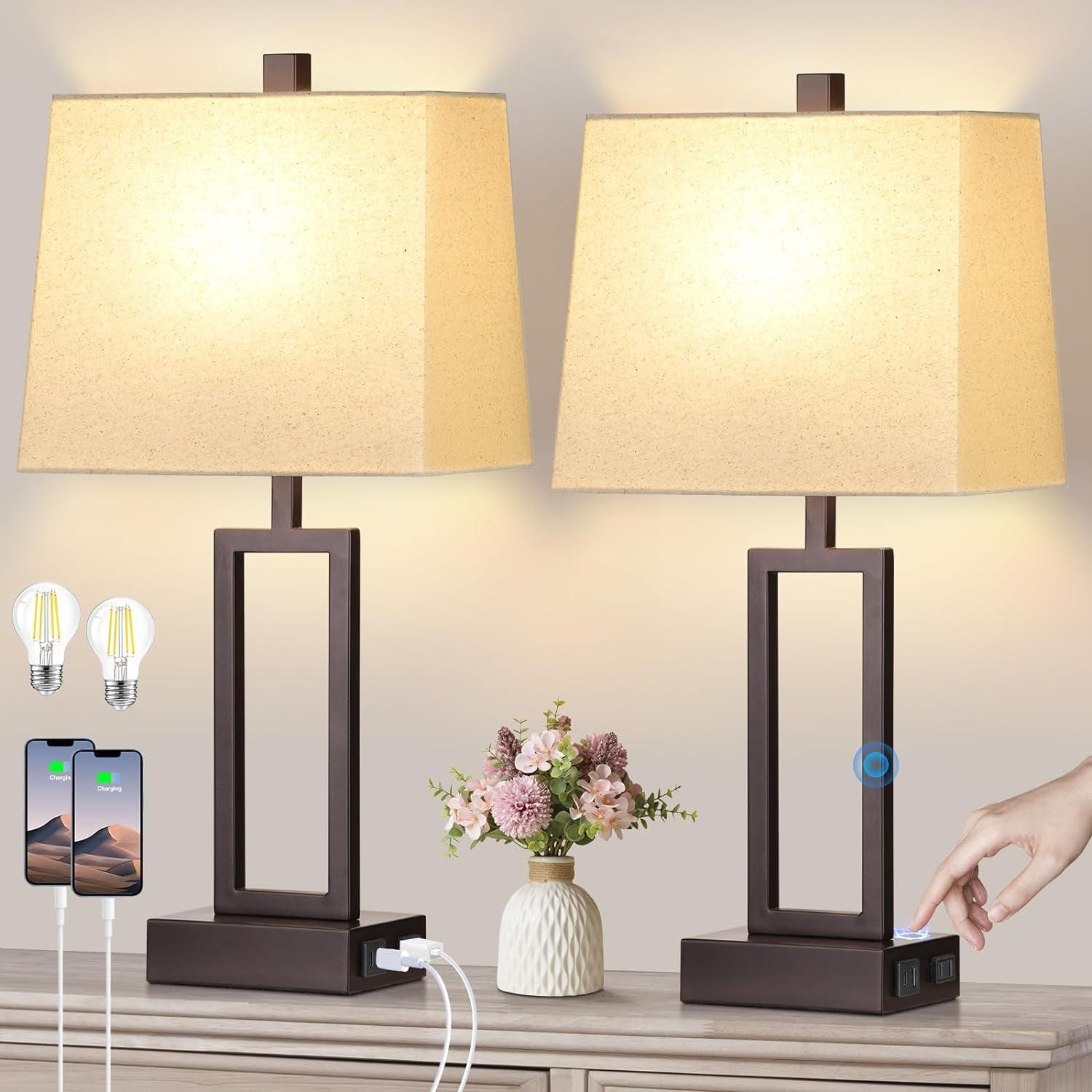 23.5'' Black Metal Table Lamps with Linen Shades and USB Ports, Set of 2