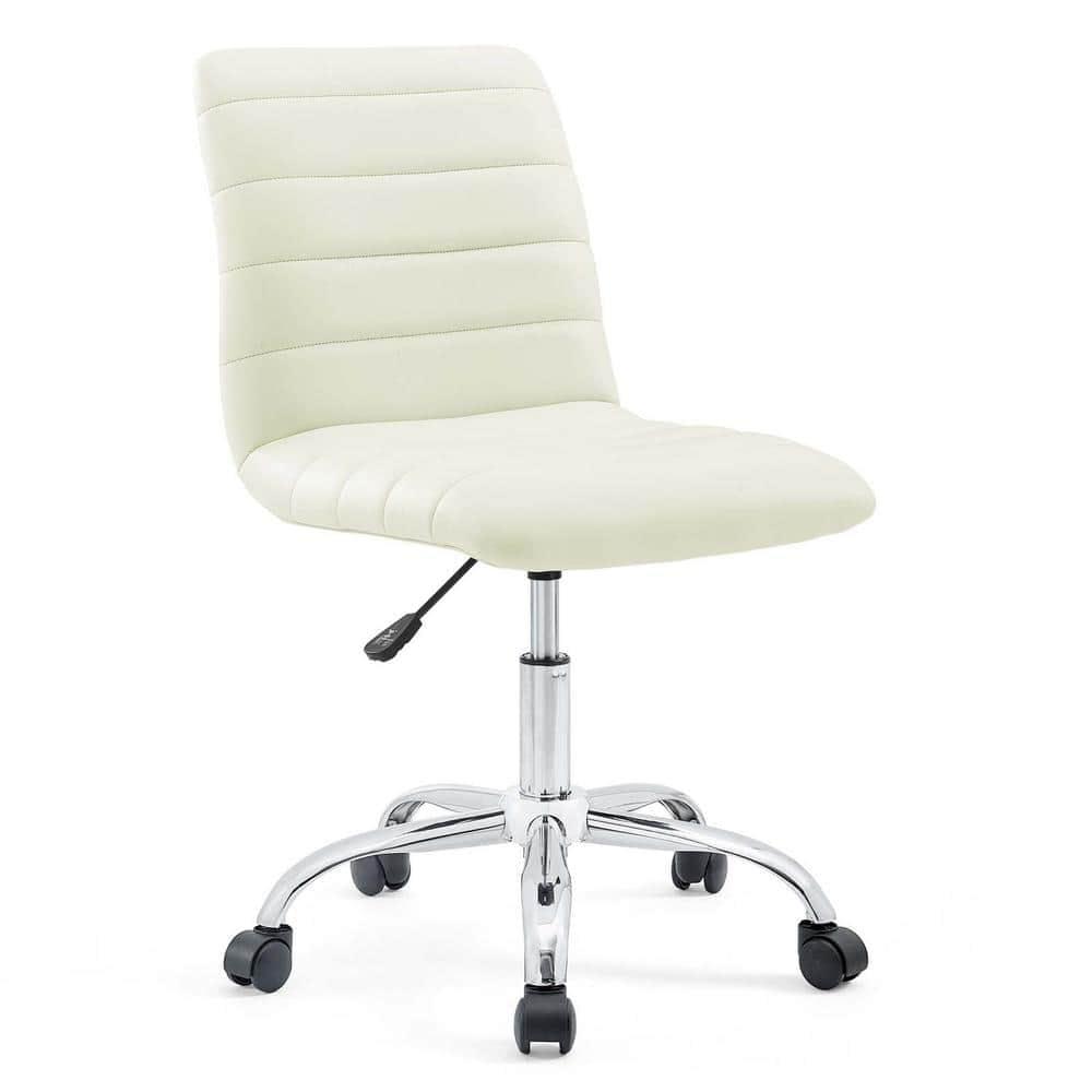 Cream Channel Tufted Armless Swivel Office Chair with Metal Base