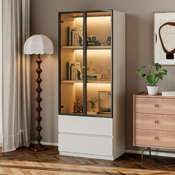 23.6'' China Cabinet Lighted Dining Cabinet Display Cabinet With Glass Doors and Drawers and Wireless LED Light