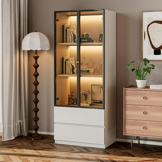 23.6'' China Cabinet Lighted Dining Cabinet Display Cabinet With Glass Doors and Drawers and Wireless LED Light