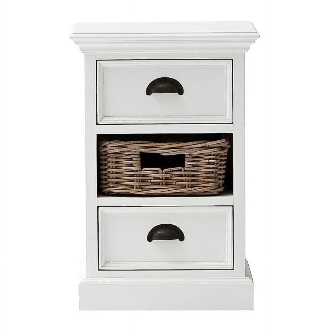 Coastal Charm White Semi-Gloss Mahogany Bedside Unit with Handwoven Rattan Basket