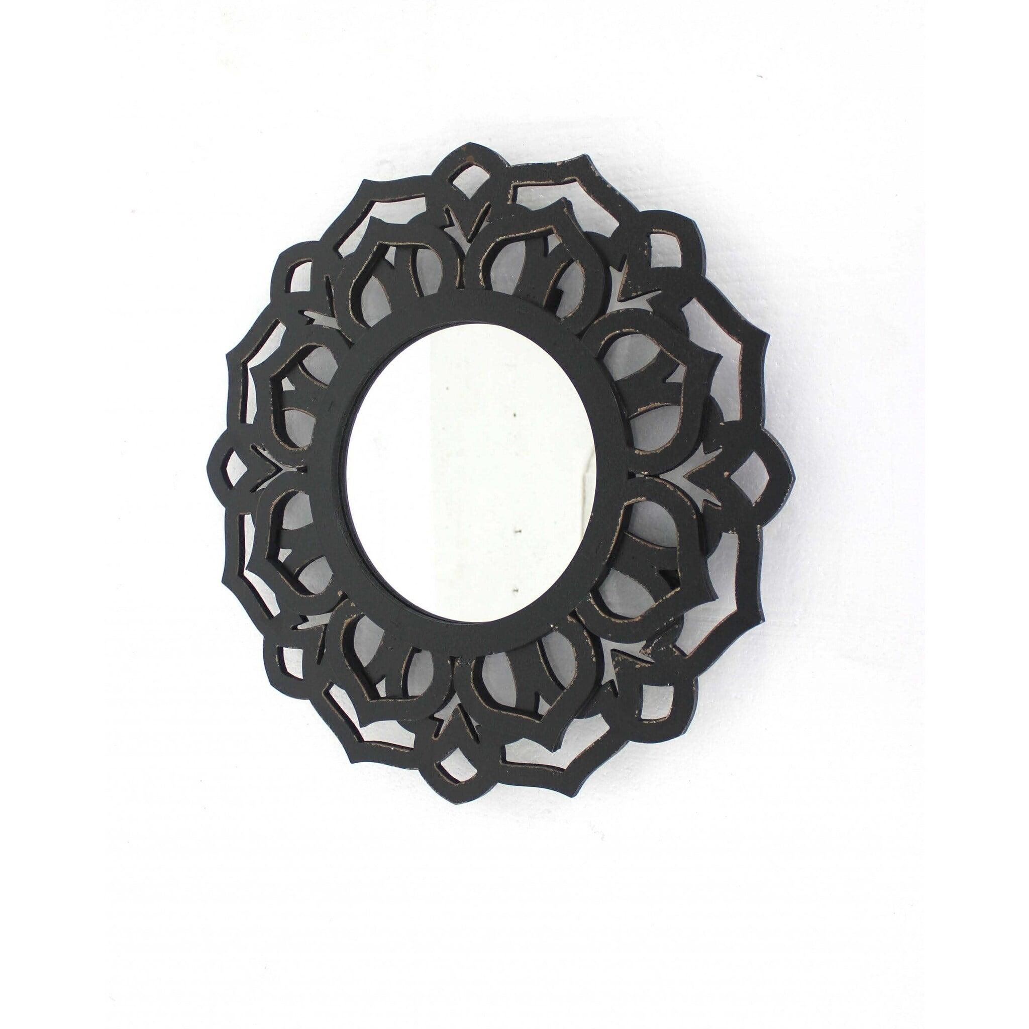 Elegant Traditional Lotus 23.75'' Round Black Wood Wall Mirror