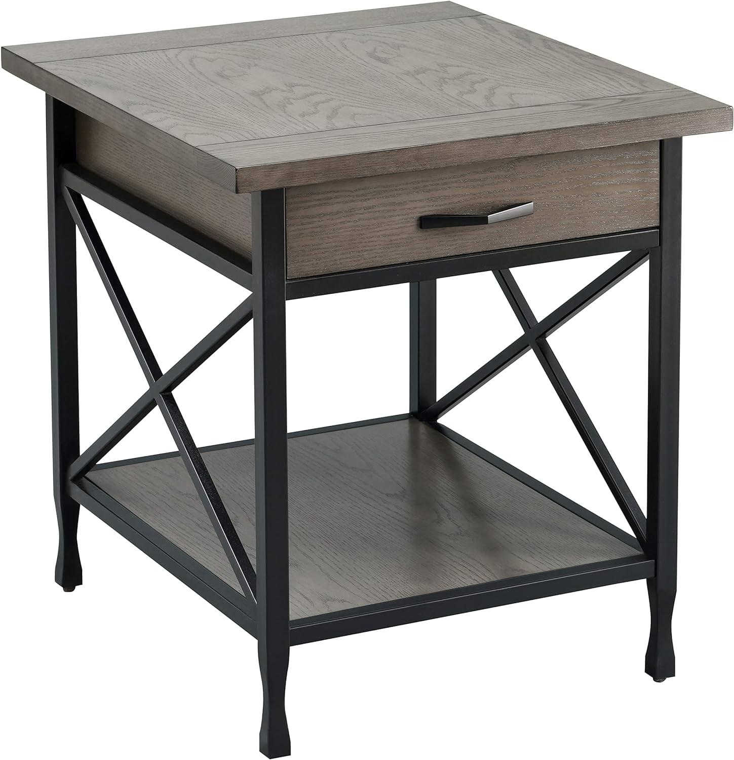 23007 Chisel & Forge One Drawer X Design Mixed Metal And Wood Side Table With Shelf, Gray And Matte Black, 22 In X 24 In X 24 In