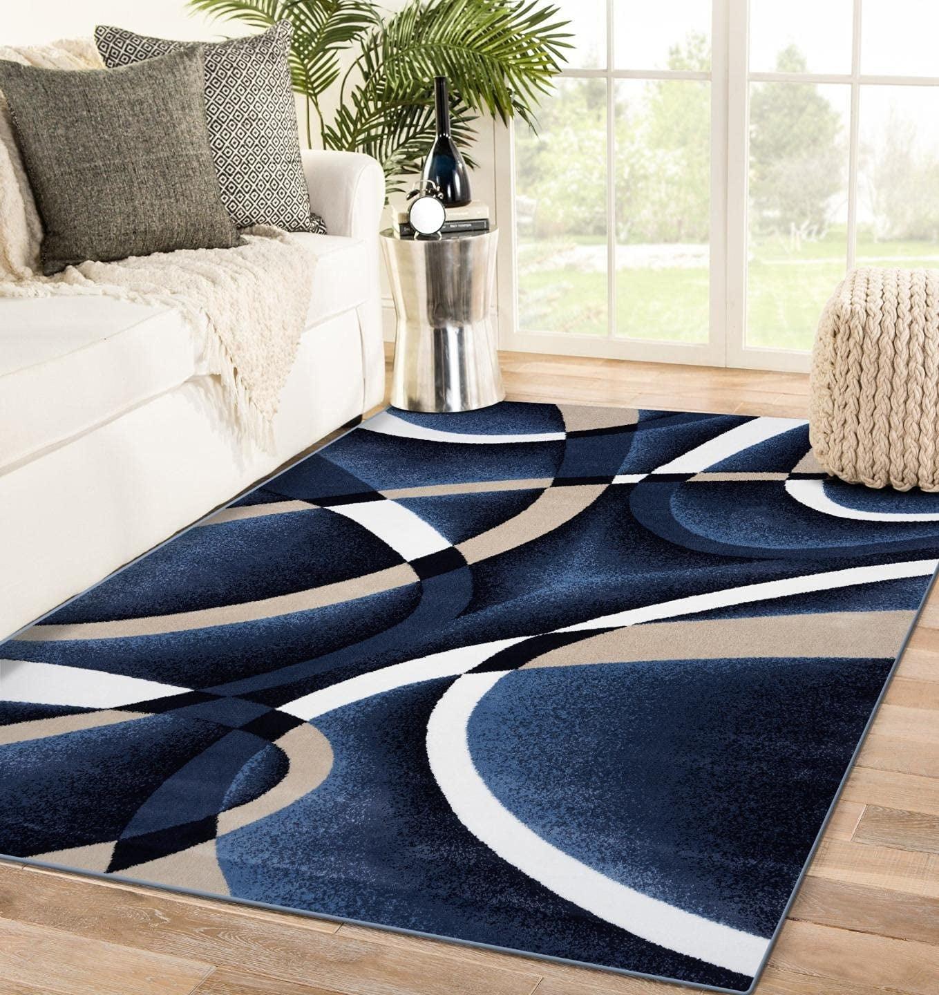 Navy and Beige Abstract 5' x 7' Synthetic Area Rug