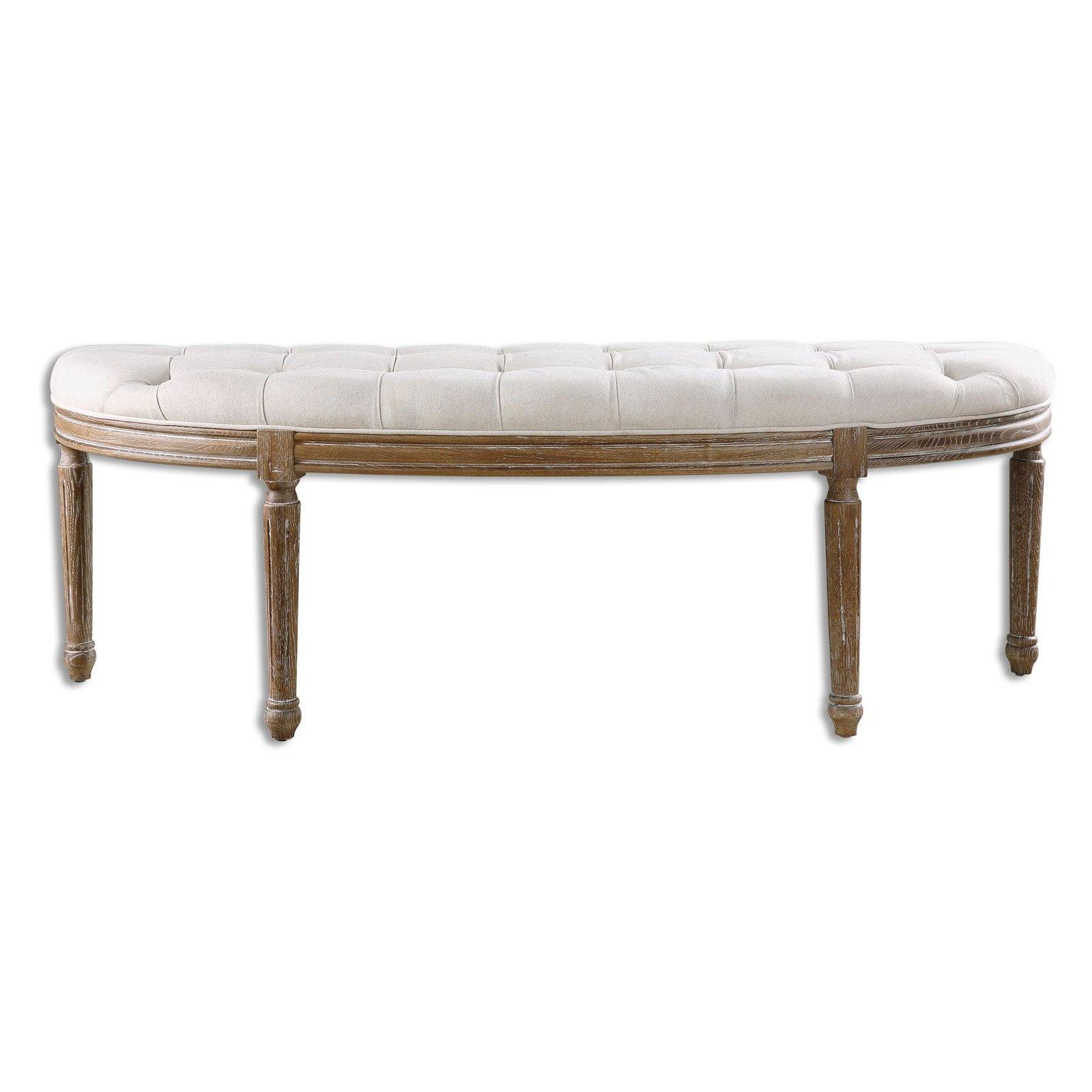 Leggett Off-White Upholstered Tufted Bench with Oak Base