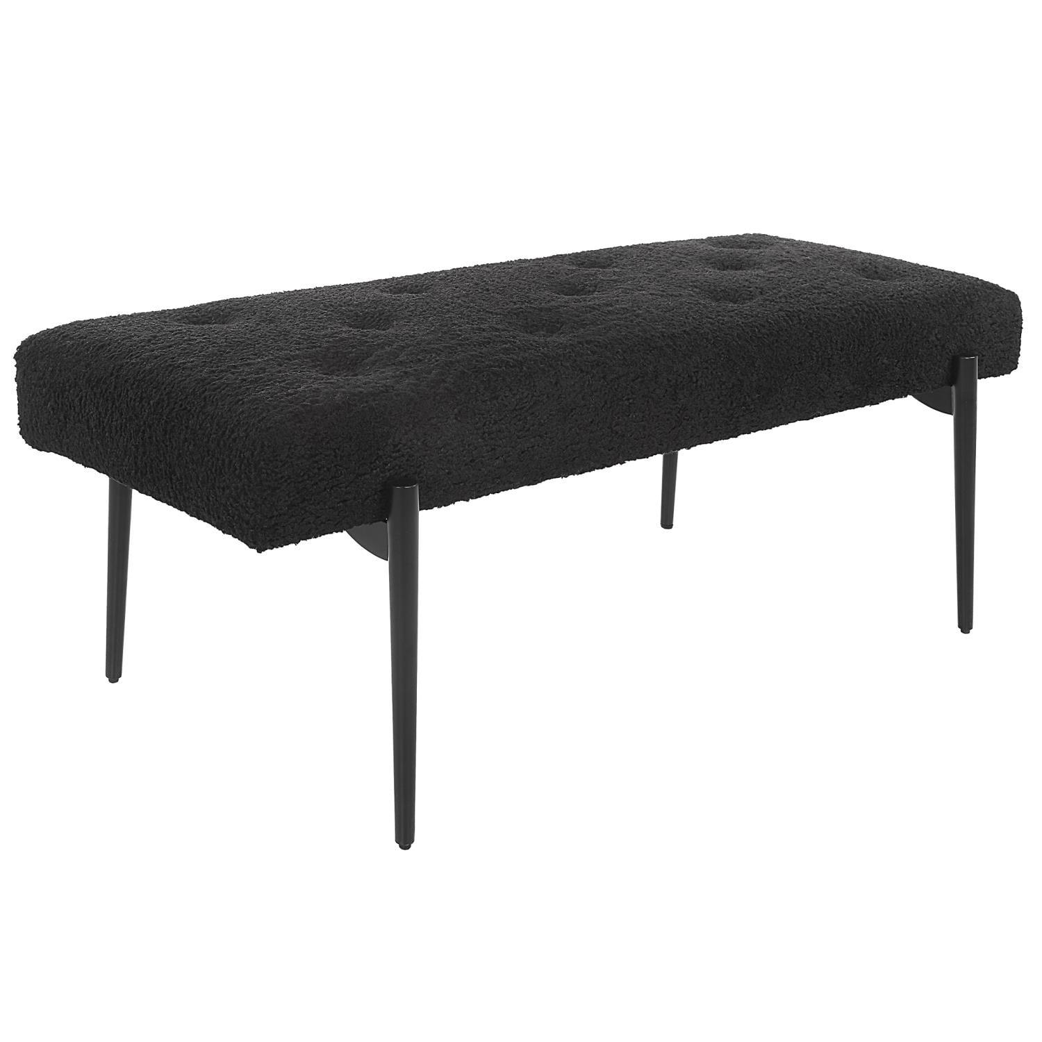 Modern Black Faux Shearling 50'' Tufted Bench with Satin Legs