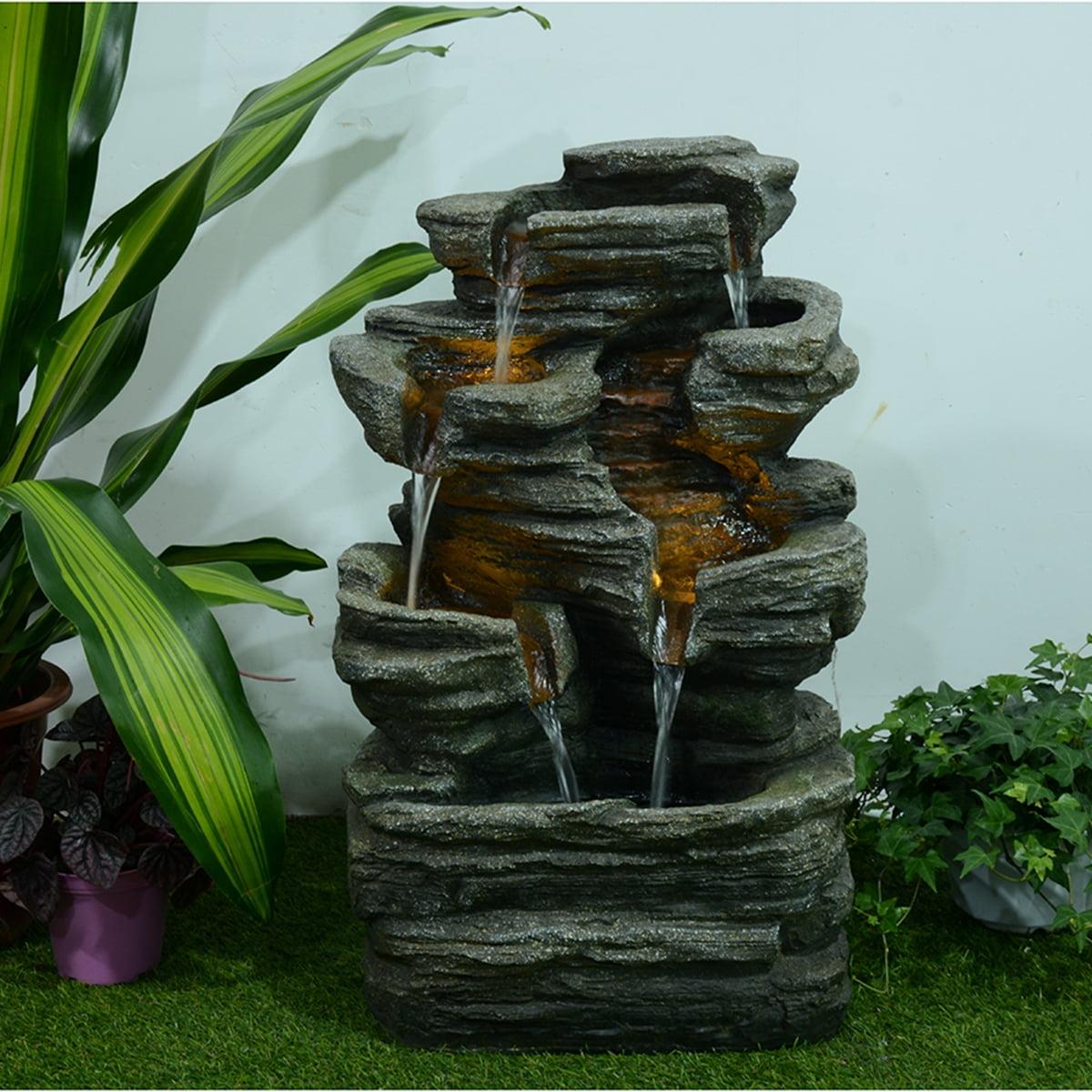 Multi-Level Gray Polyresin Rock Fountain with LEDs