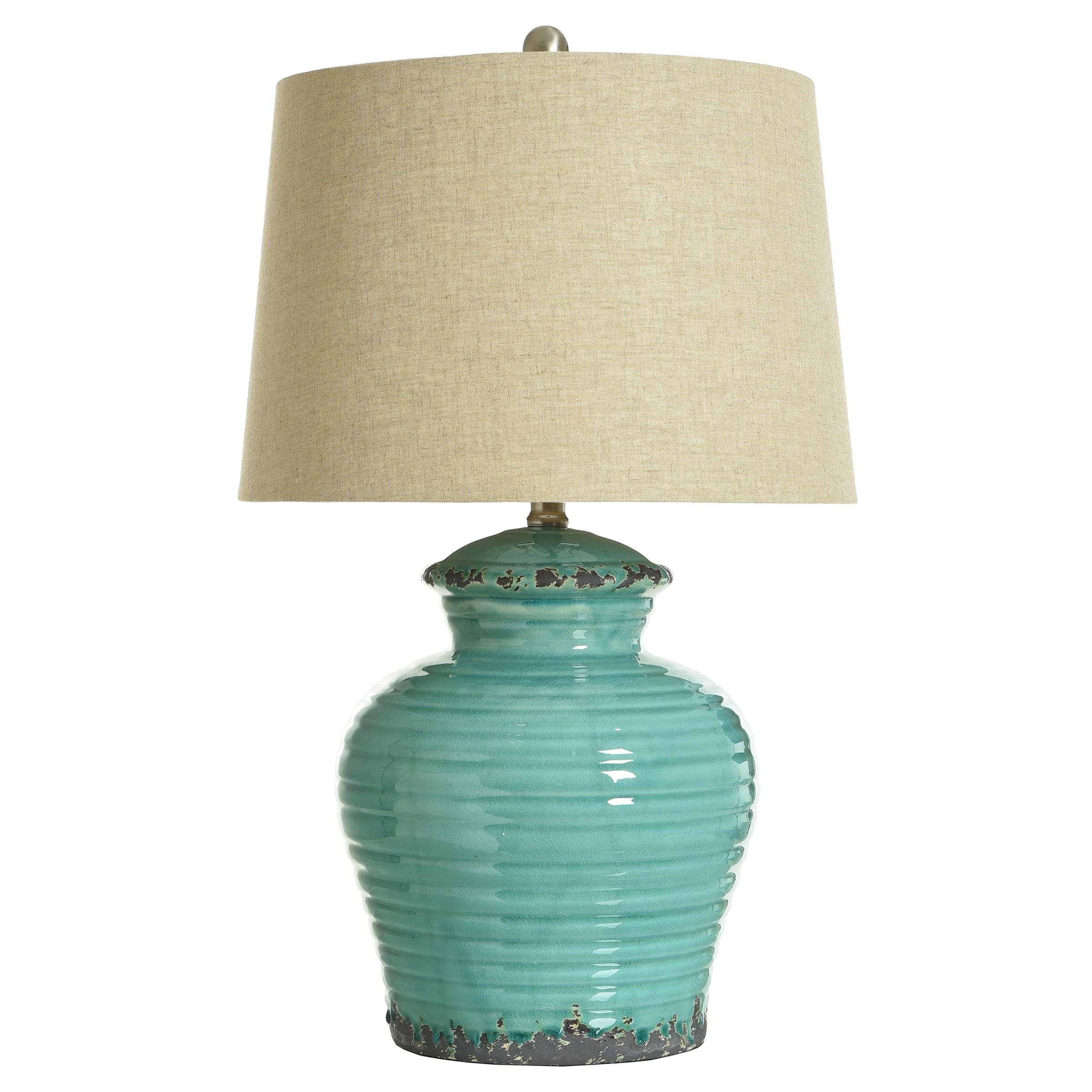 Turquoise Ceramic Table Lamp with Beige Linen Shade