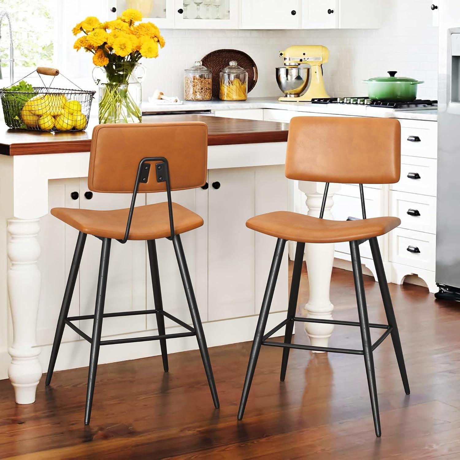 Whiskey Brown Faux Leather Counter Height Bar Stools with Metal Frame, Set of 2