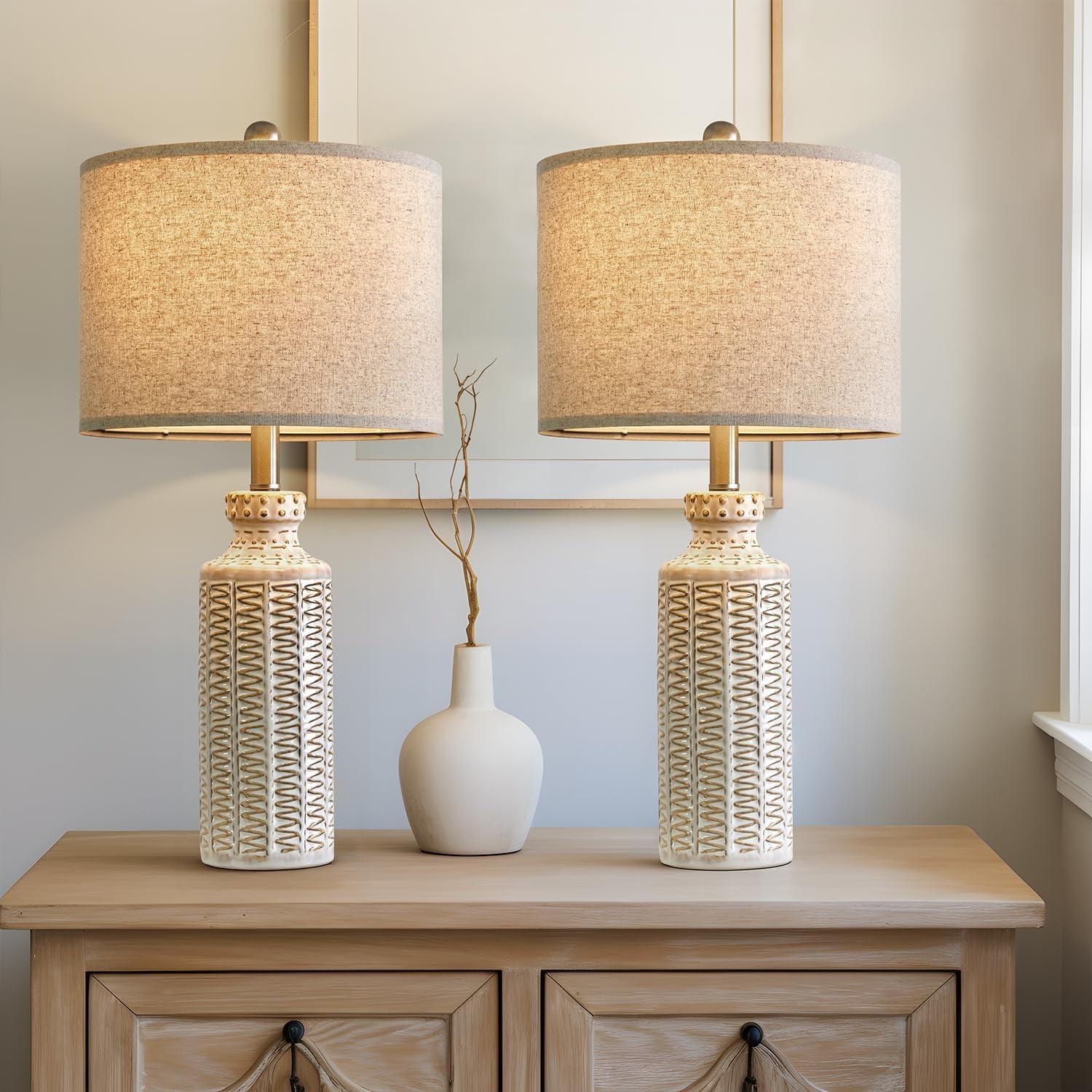 23" Modern Ceramic Table Lamp Set of 2 for Living Room White Desk Lamps for Bedroom Farmhouse Bedside Nightstand Bedside Lamp End Table Lamps Beige