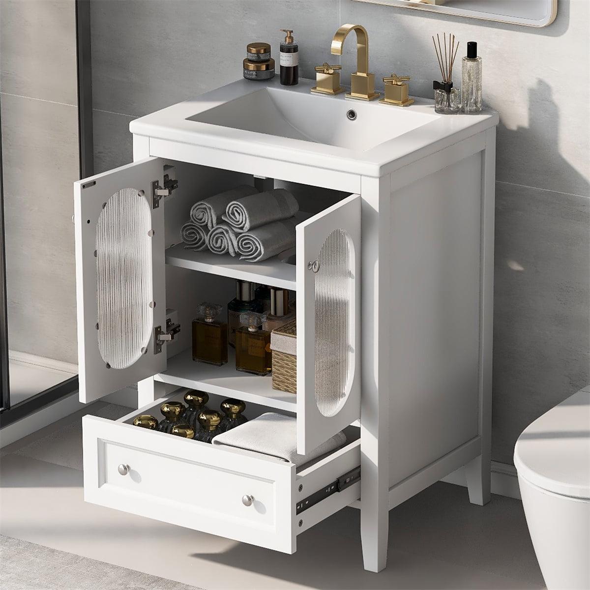 24" White Solid Wood and MDF Bathroom Vanity with Sink, Drawer, and Doors