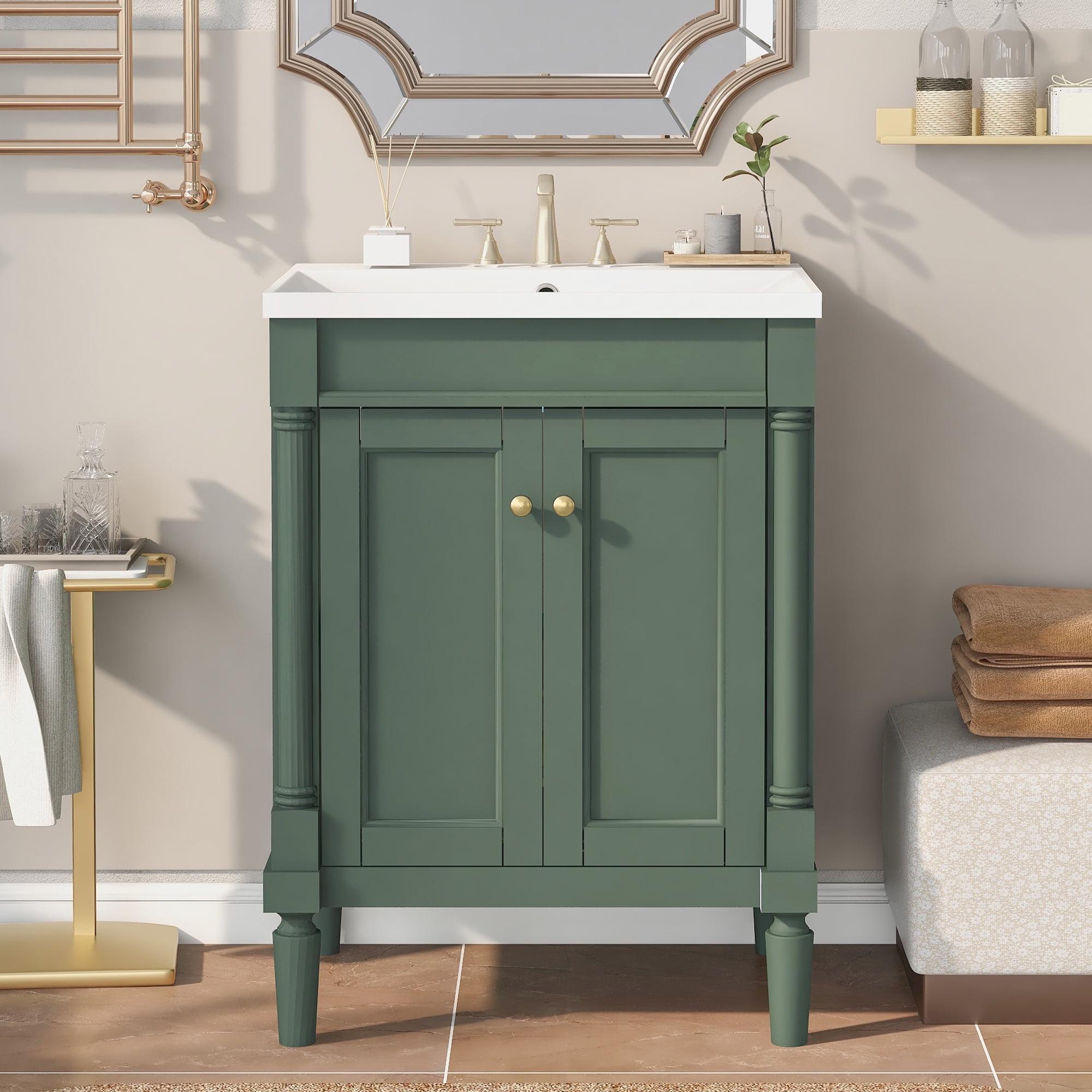24'' Bathroom Vanity with Sink, 2-Tier Modern Bathroom Storage Cabinet, Single Sink Bathroom Vanity, Large Storage Shelves, Green