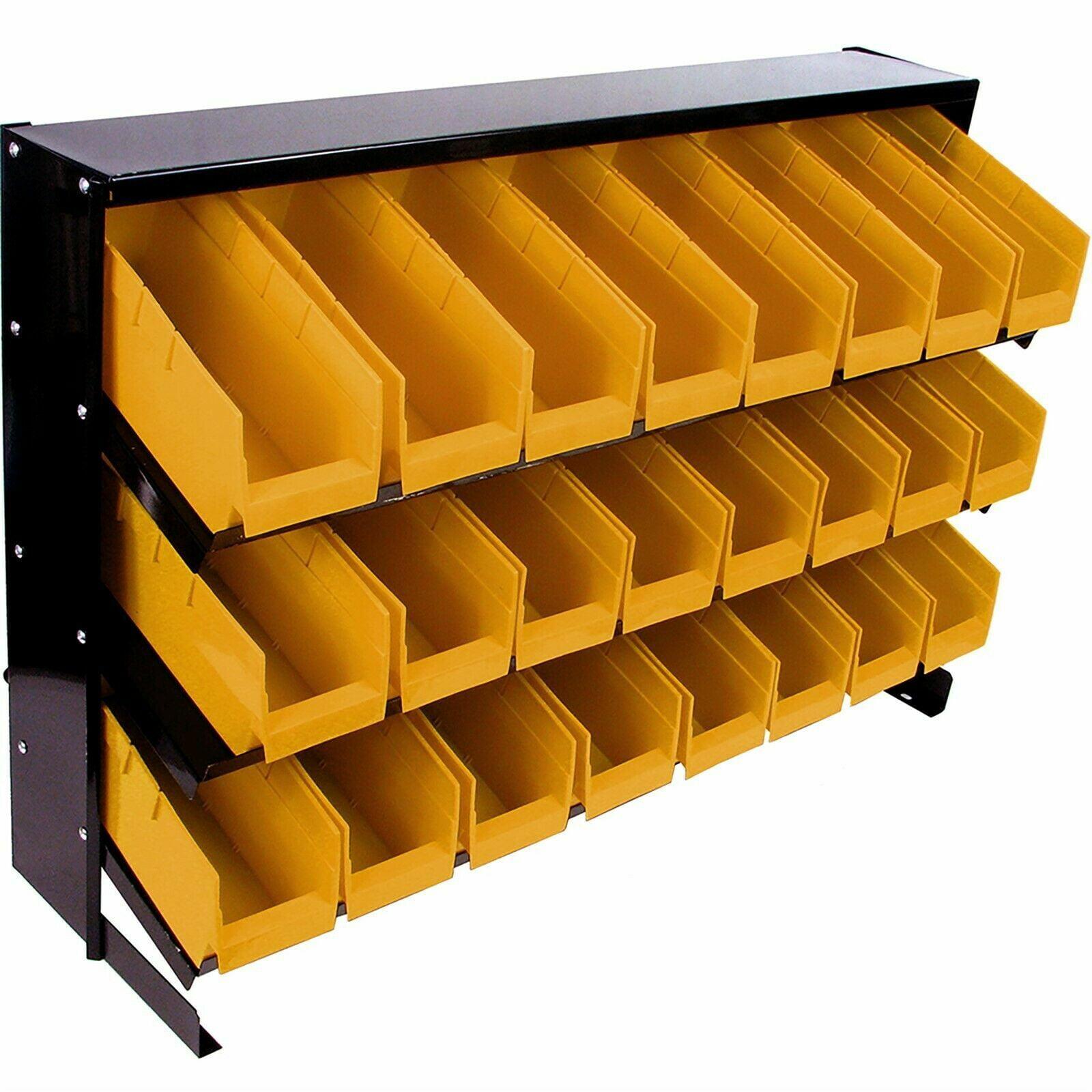 Black Steel Rack with 24 Yellow Plastic Bins