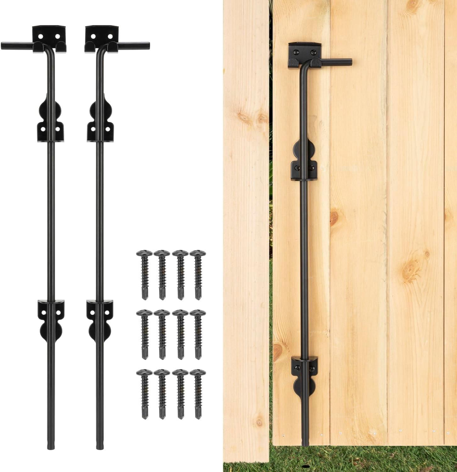 24 Inch Cane Bolt Gate Drop Rod Heavy Duty Gate Hardware, Gate Ground Latch for Wooden Fences, Metal Gates Doors Stopper for Gate Ground, Wrought Iron Gate Latches, Black Finish(2 Pack)