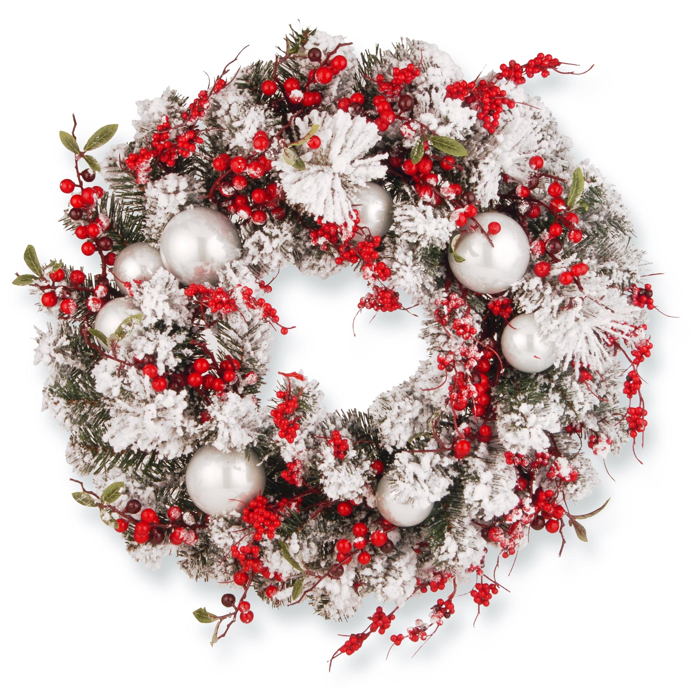 24" Artificial Christmas Wreath with Frosted Branches, Ball Ornaments and Berry Clusters - National Tree Company