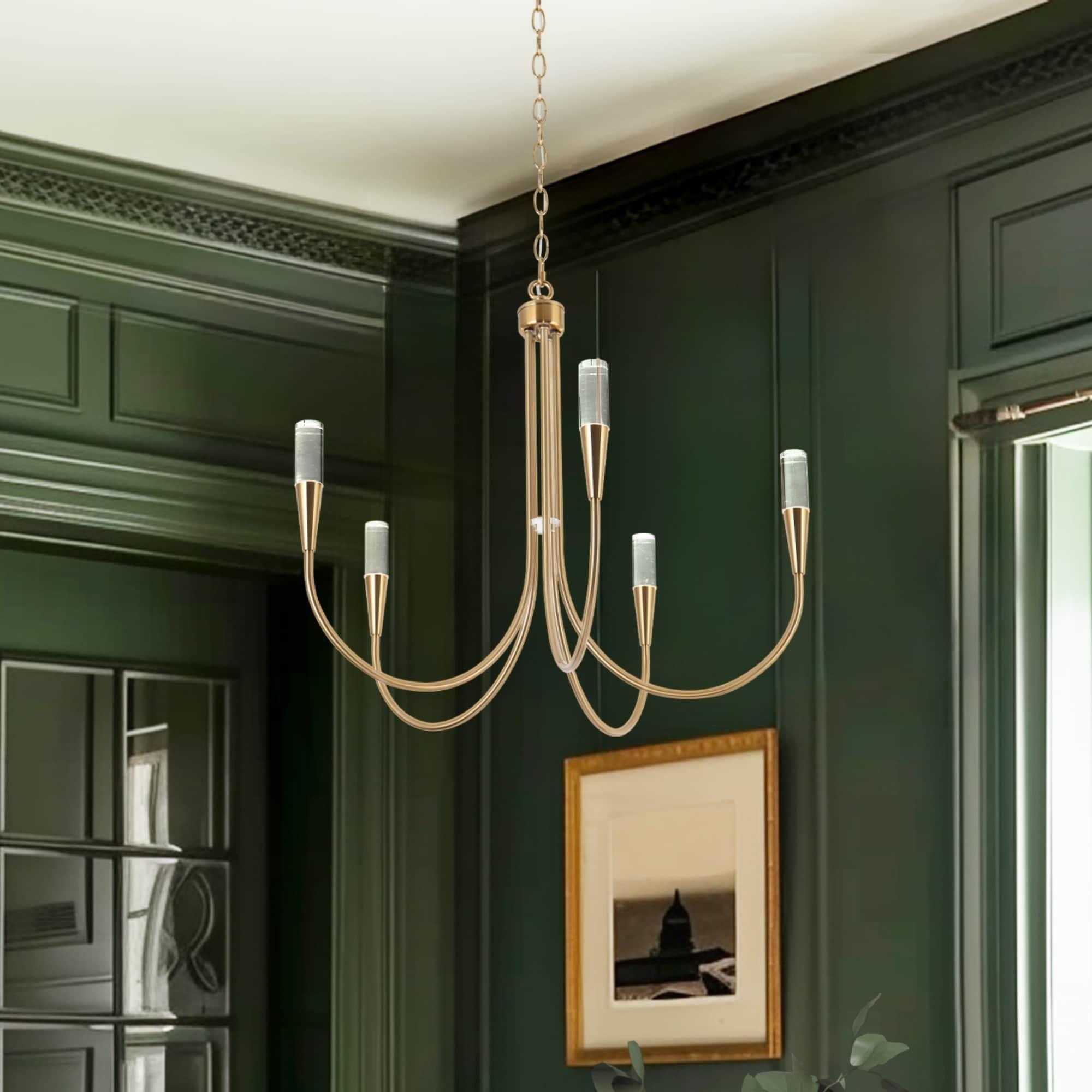 24"D Mid-Century Modern 5-Light Chandelier Gold Integrated LED Classic Pendant Lights for Kitchen Dining Room - 24" D x 22.5" H