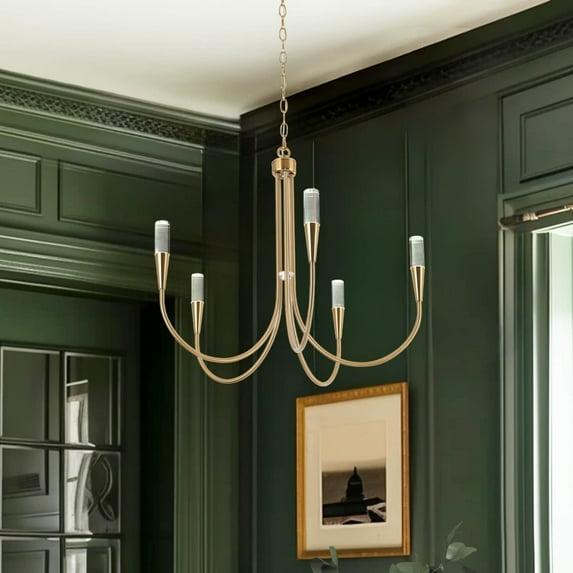 24"D Mid-Century Modern 5-Light Chandelier Gold Integrated LED Classic Pendant Lights for Kitchen Dining Room - 24" D x 22.5" H