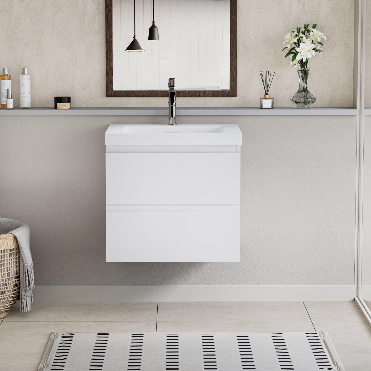 24" Glossy White Wall-Mounted Bathroom Vanity with Resin Sink