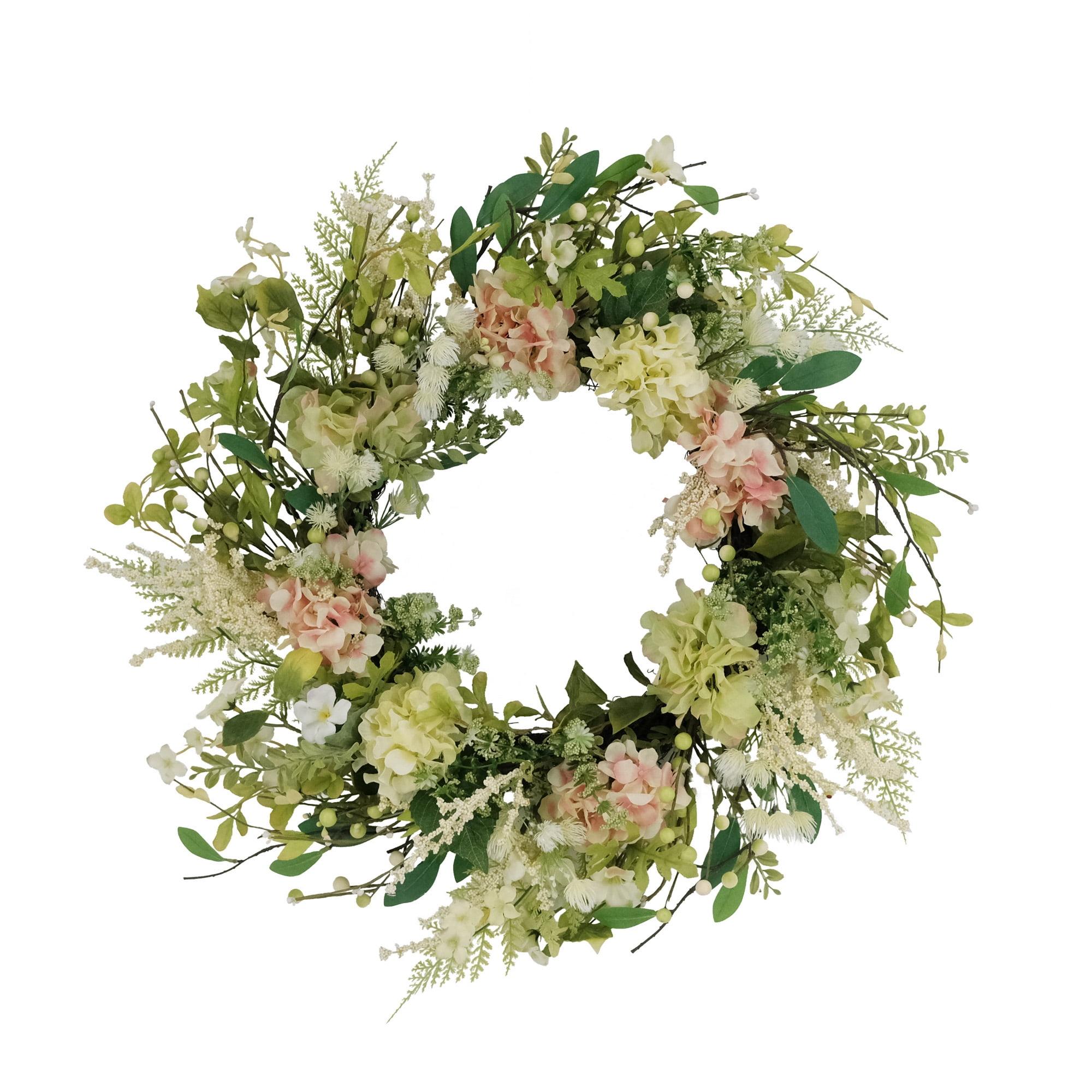 24" Green and White Artificial Hydrangea and Dogwood Floral Spring Wreath