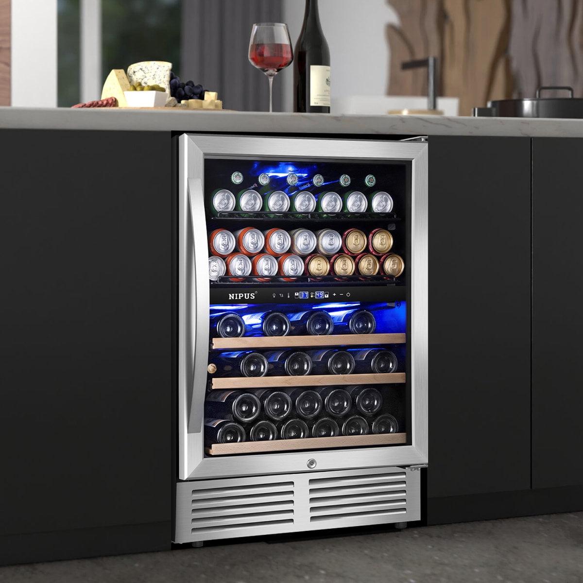 Nipus 24 Inch 94 Can and 27 Bottle Dual Zone Wine & Beverage Refrigerator Freestanding Built-in Beer and Drink Cooler with Glass Door For Kitchen, Bar or Office Classic Series