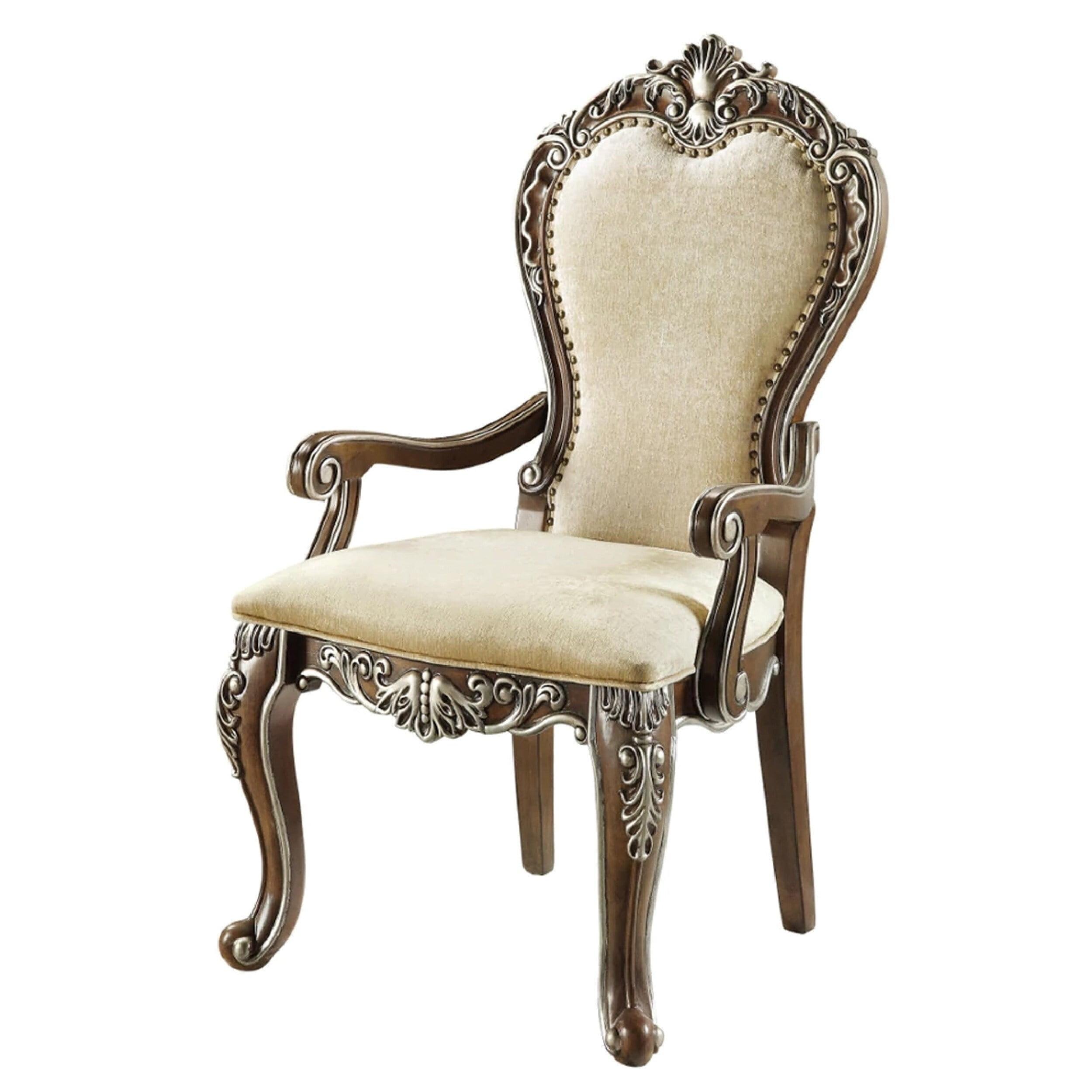 Elegant Crown-Top 24" Upholstered Armchair with Scrolled Carvings, Brown