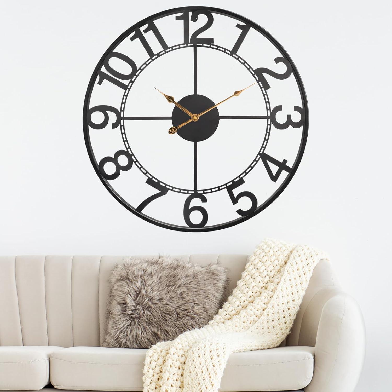 Oversized Black Metal Analog Wall Clock with Arabic Numerals