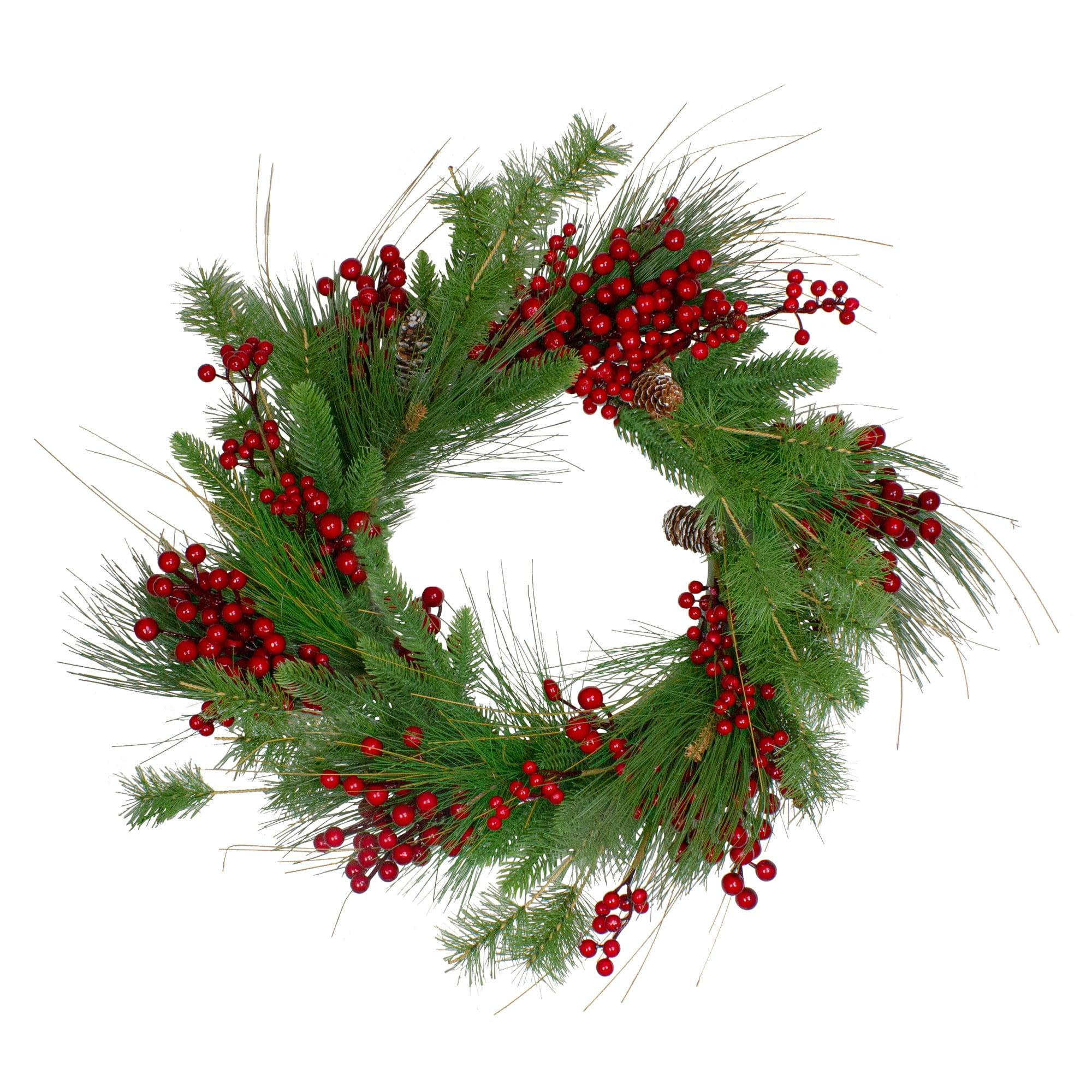 24-Inch Mixed Pine and Red Berry Artificial Christmas Wreath - Unlit