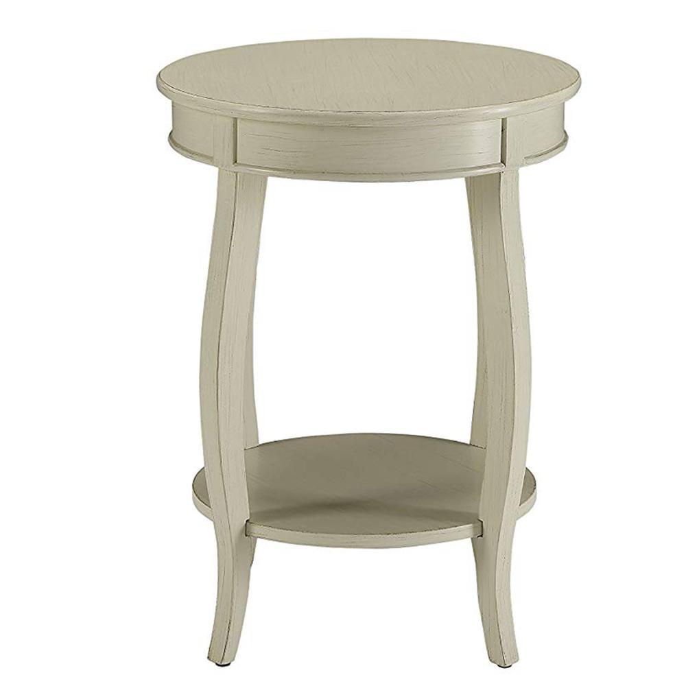 Elegant Antique White Round Wood Side Table with Open Shelf