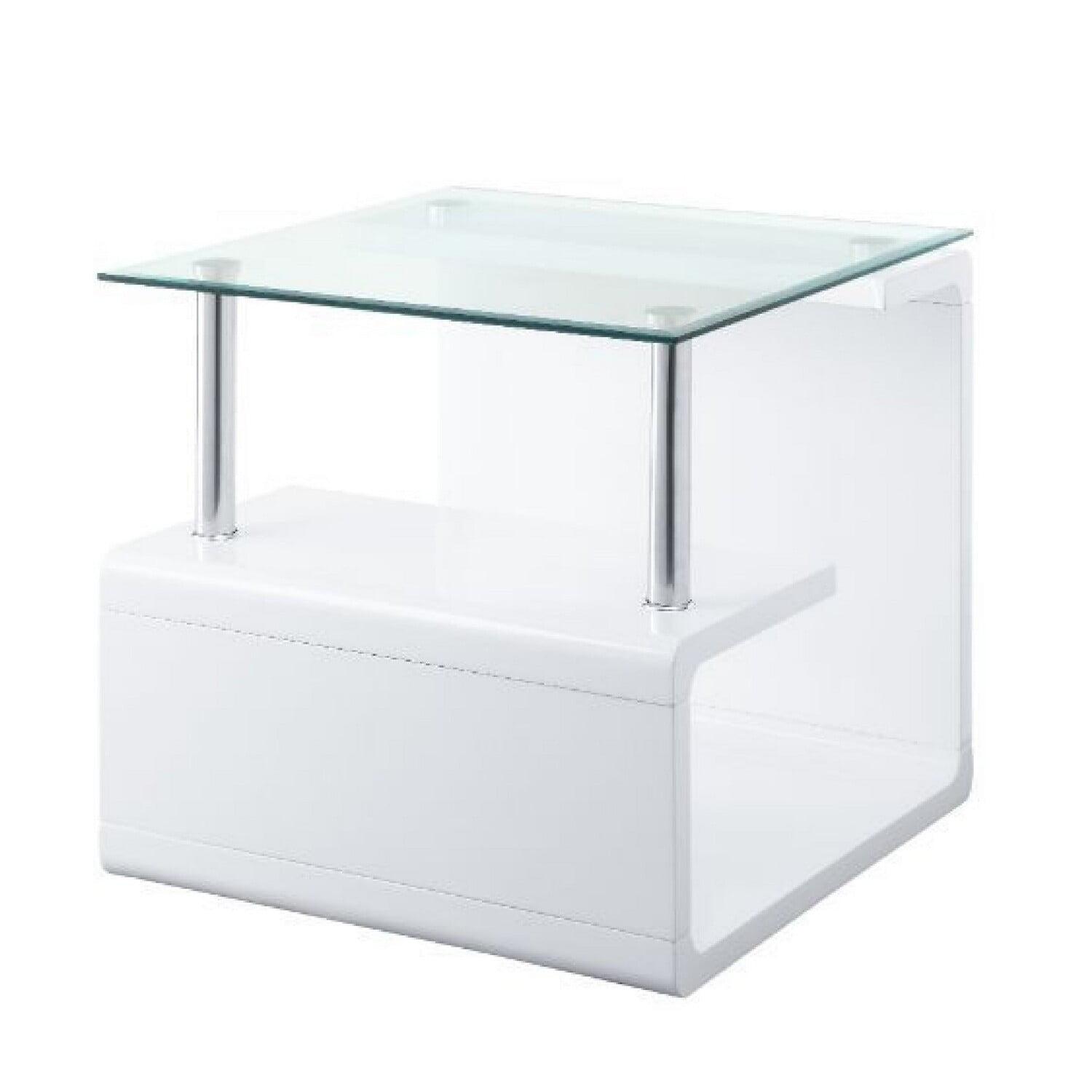 Luxurious Glossy White and Chrome Square End Table with Storage