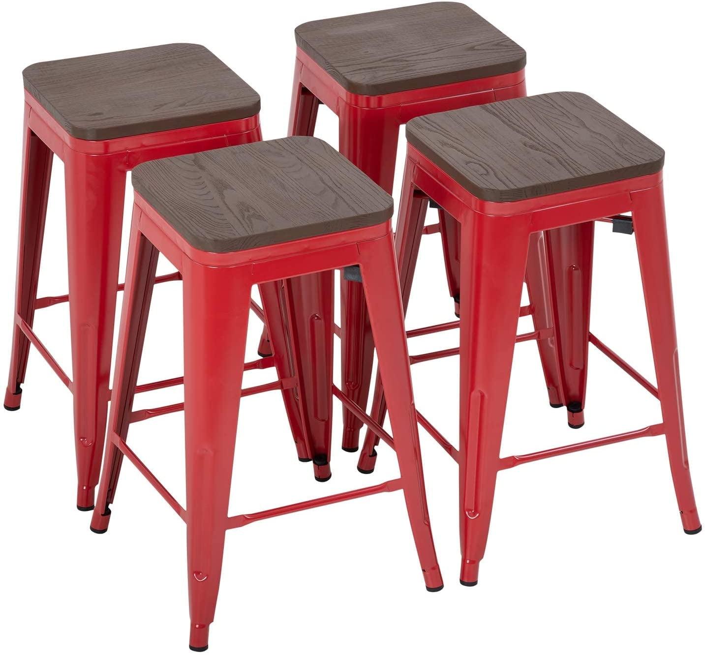 24" Red Metal Bar Stools with Wood Seat, Set of 4