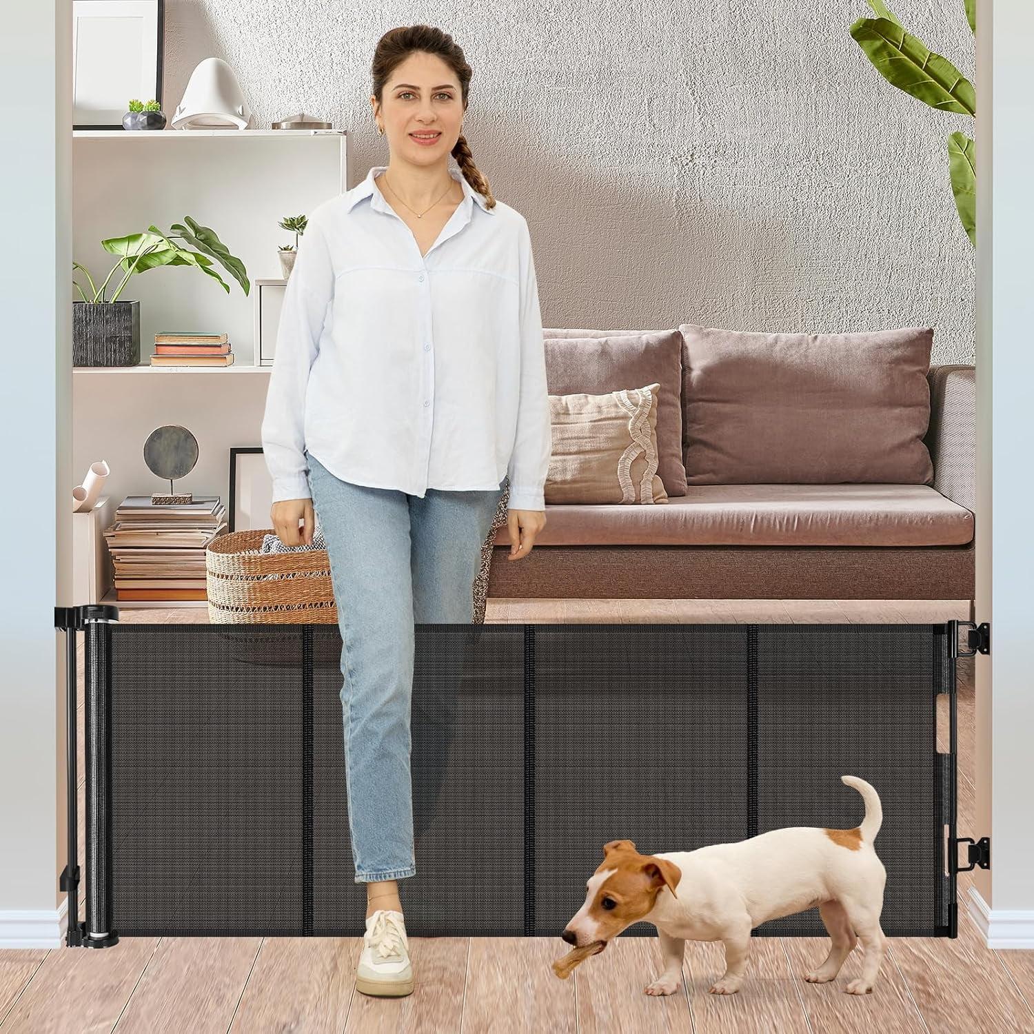 24 Inches Tall Retractable Baby Gates for Doorways, Short Dog Gates to Step Over, Extends up to 55" Wide, Reinforced Mesh Baby Gate for Kids or Pets, Gates Puppy Gates for The House (Black)