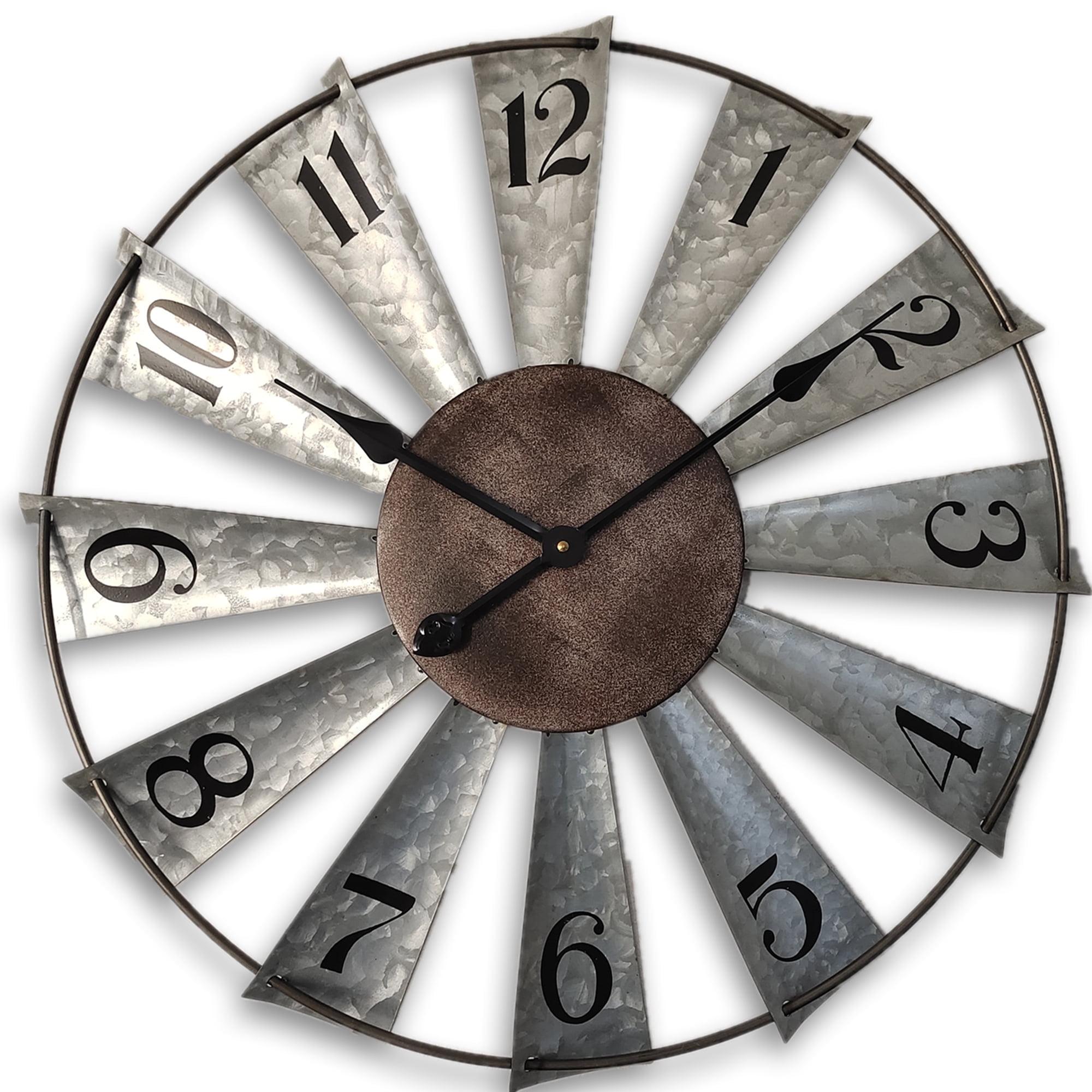 24" Large Farmhouse Decor Wall Clocks Metal Windmill Time Piece Galvanized Silver Analog