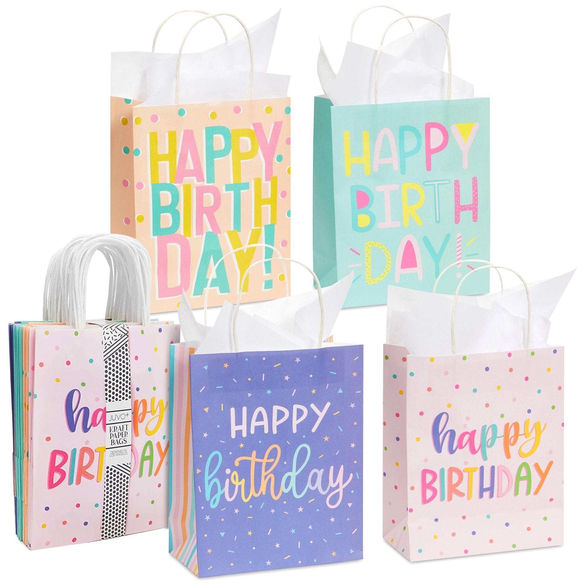 Sparkle and Bash 24 Pack 8 x 10 x 4 Inch Happy Birthday Gift Bags with Handles and 24 Sheets White Tissue Paper, 4 Pastel Colors