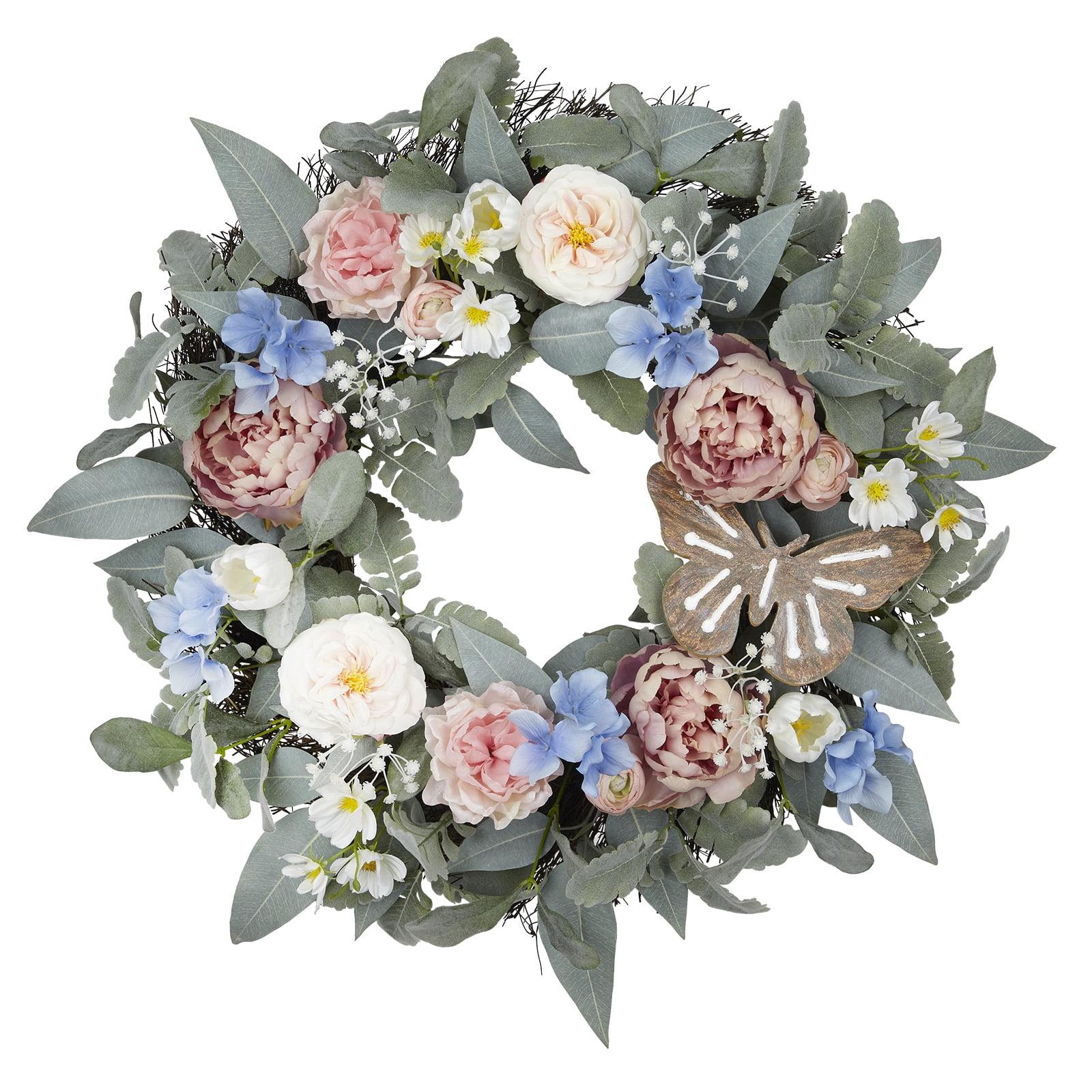 24" Peach & Blue Peony - Rose & Butterfly Wreath by Ashland® - Spring Wreath for Home Decor