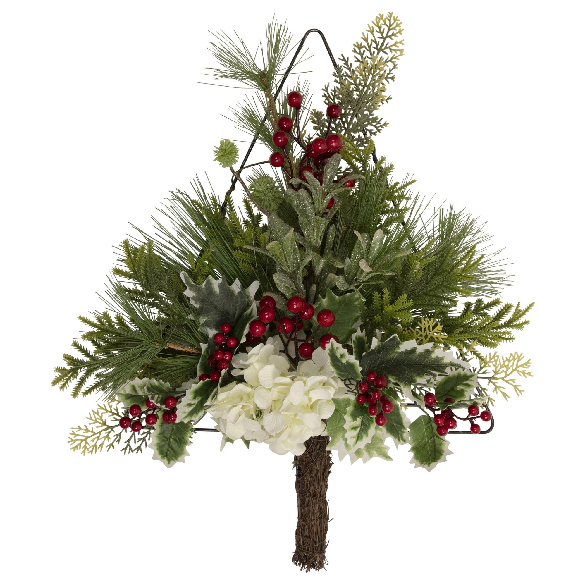 Festive Pine 24" Wall Hanging Christmas Tree with Berries & Holly Decor