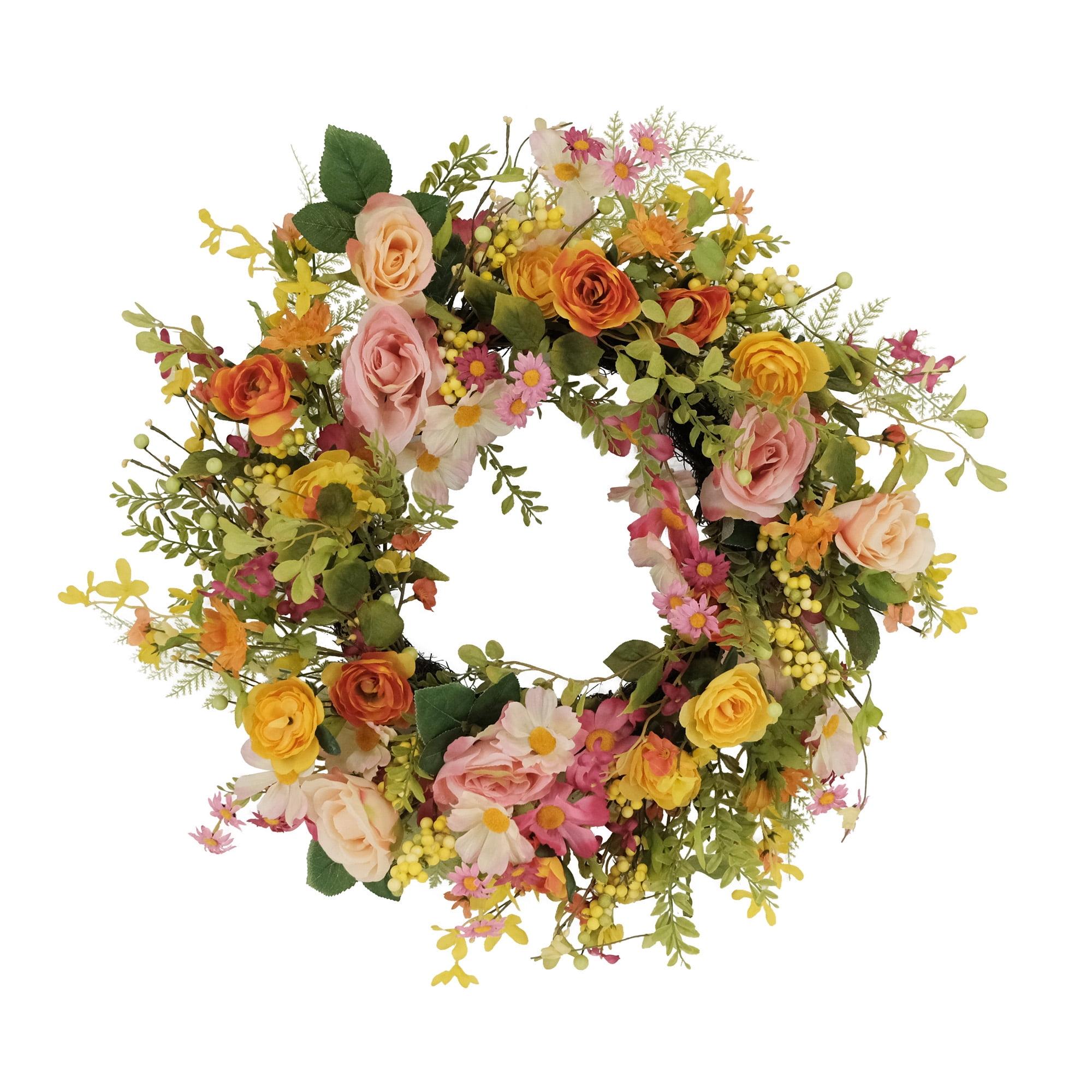 24" Vibrant Artificial Rose and Daisy Floral Spring Wreath